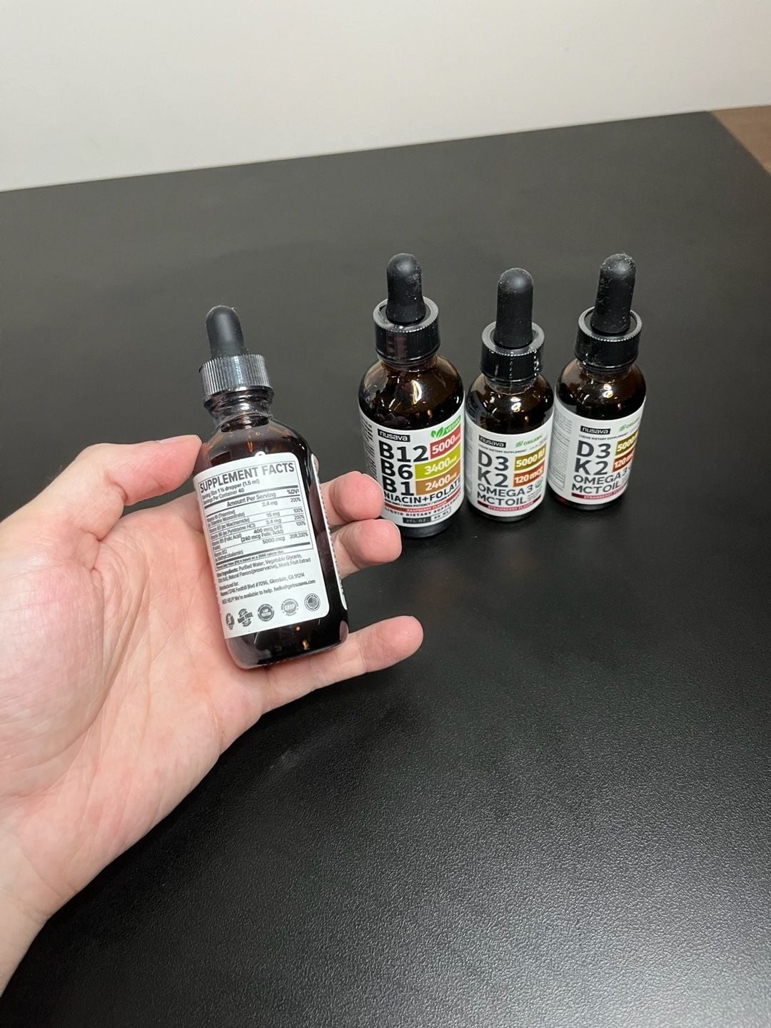 Nusava B-Complex Liquid Drops (B12, B6, B1, Niacin, Folate) and D3+K2 Omega 3 MC