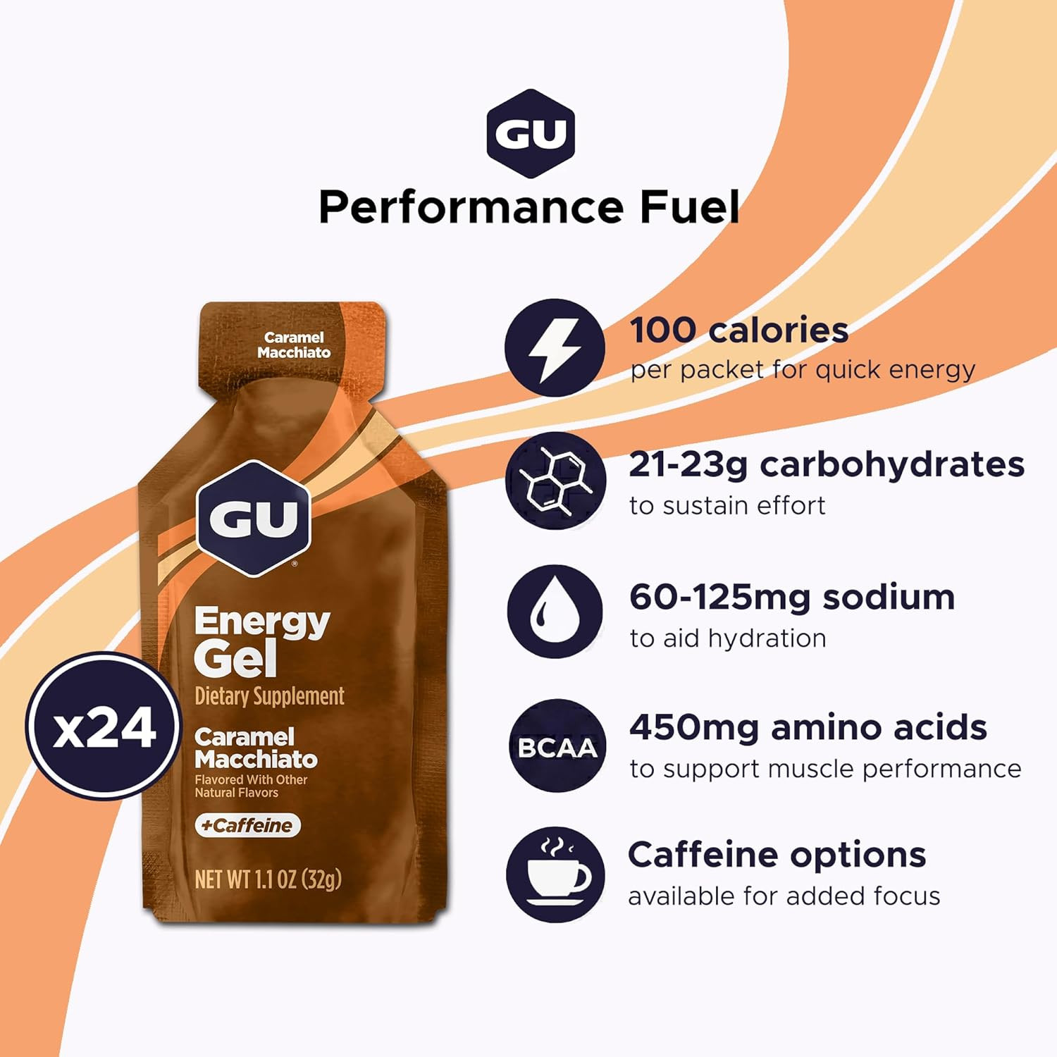 GU Energy Original Sports Nutrition Energy Gel Caramel Macchiato 8, 24 Count Box