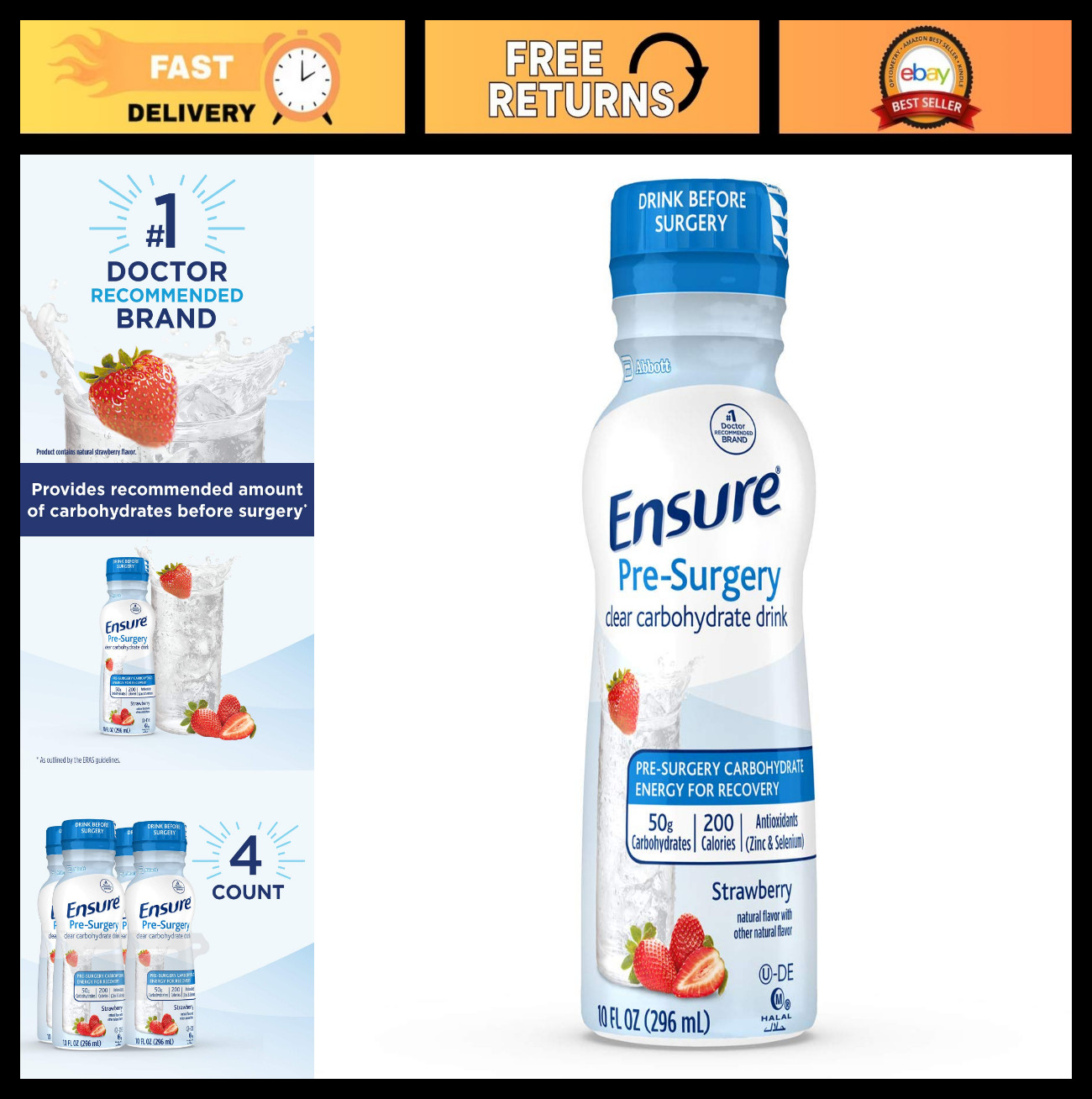Clear Carbohydrate Drink for Pre-Surgery, Strawberry Flavor, 10 fl oz, 4 Pack