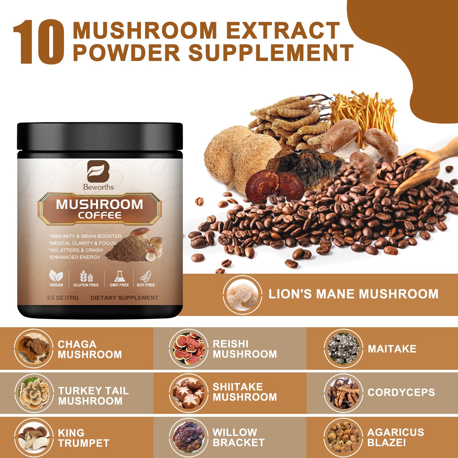 1-10x 70g 10 Mushroom Coffee Instant Blend – Lion’s Mane, Cordyceps & Reishi