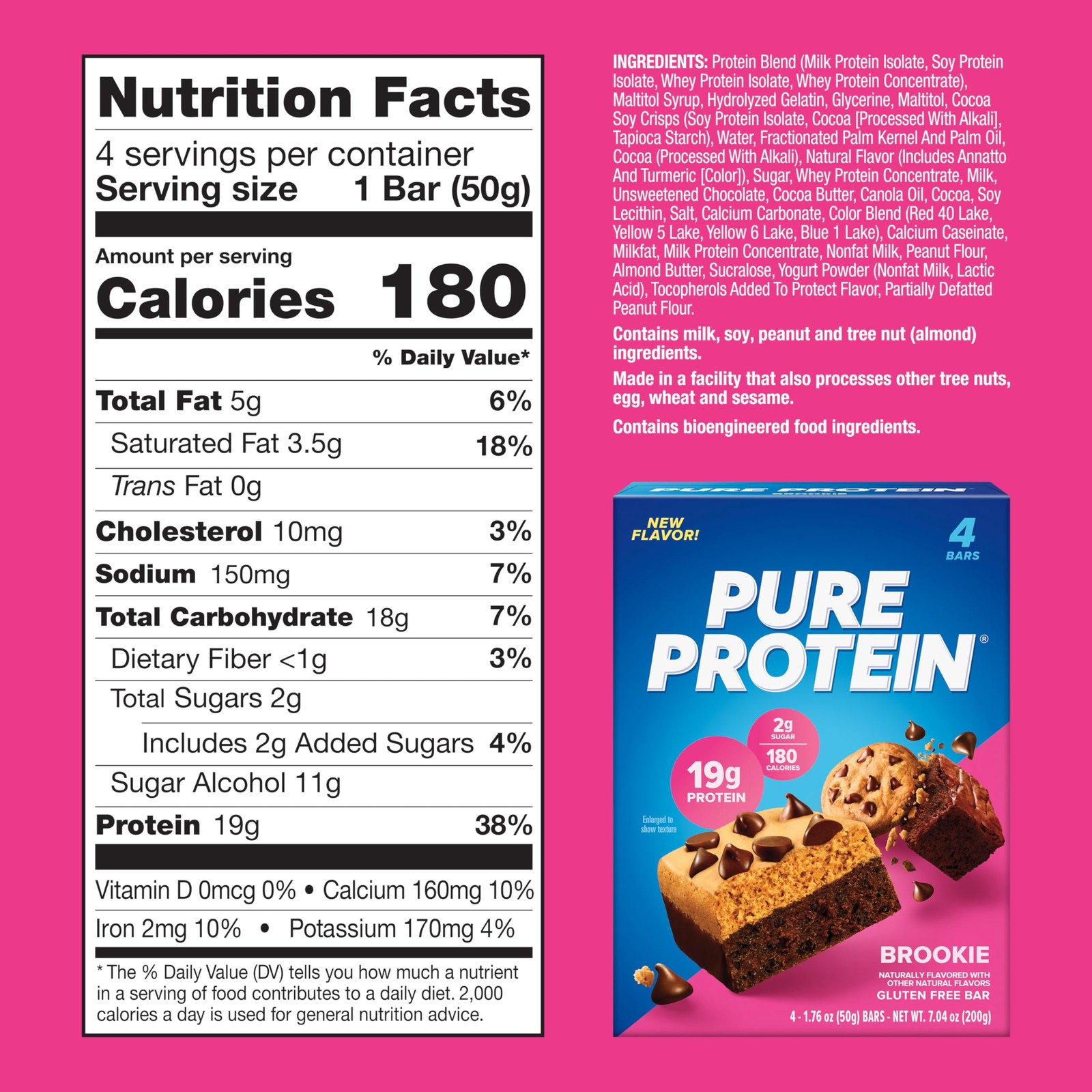 Pure Protein Brookie Protein Bars Gluten Free High Protein Snack 4 Pack 19g