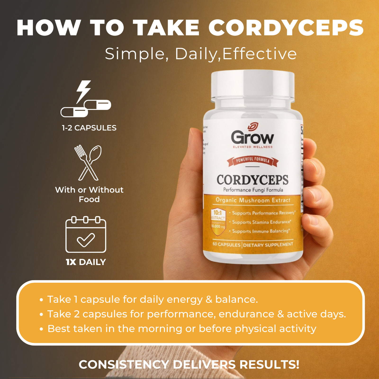 Cordyceps Mushroom Extract Capsules – 10:1 Concentrated Formula – 60 Capsules