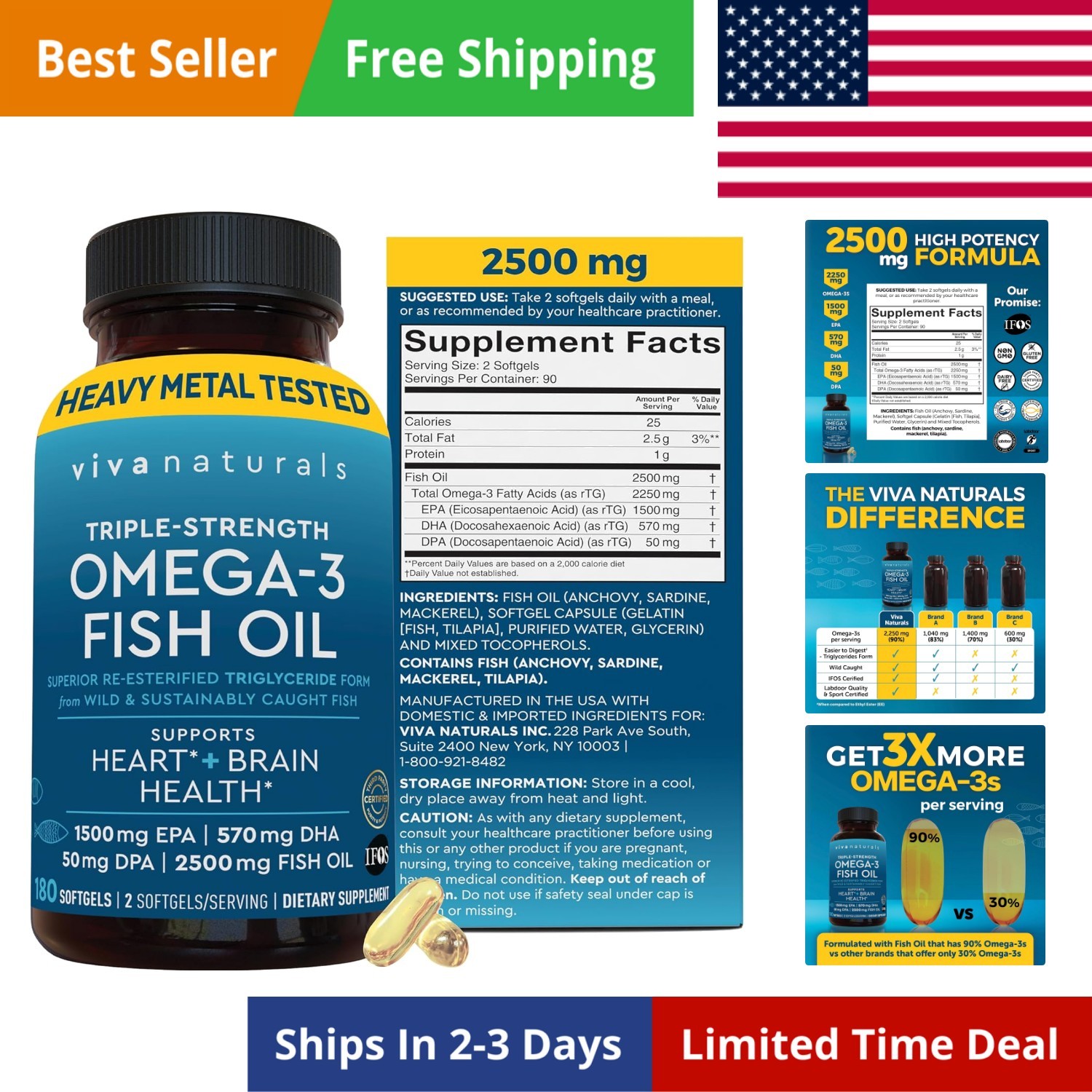 Triple Strength Fish Oil Omega 3 Supplements for Women and Men – 2500 mg High…