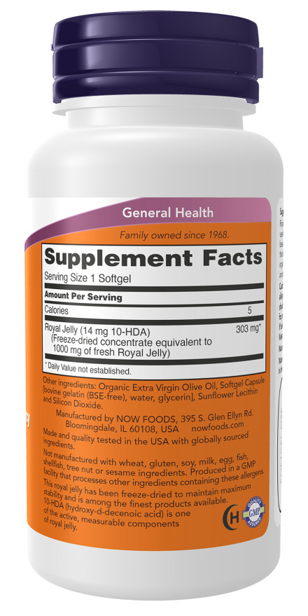 NOW Royal Jelly 1000 mg with 10-HDA – 60 Softgels 10/2026EXP