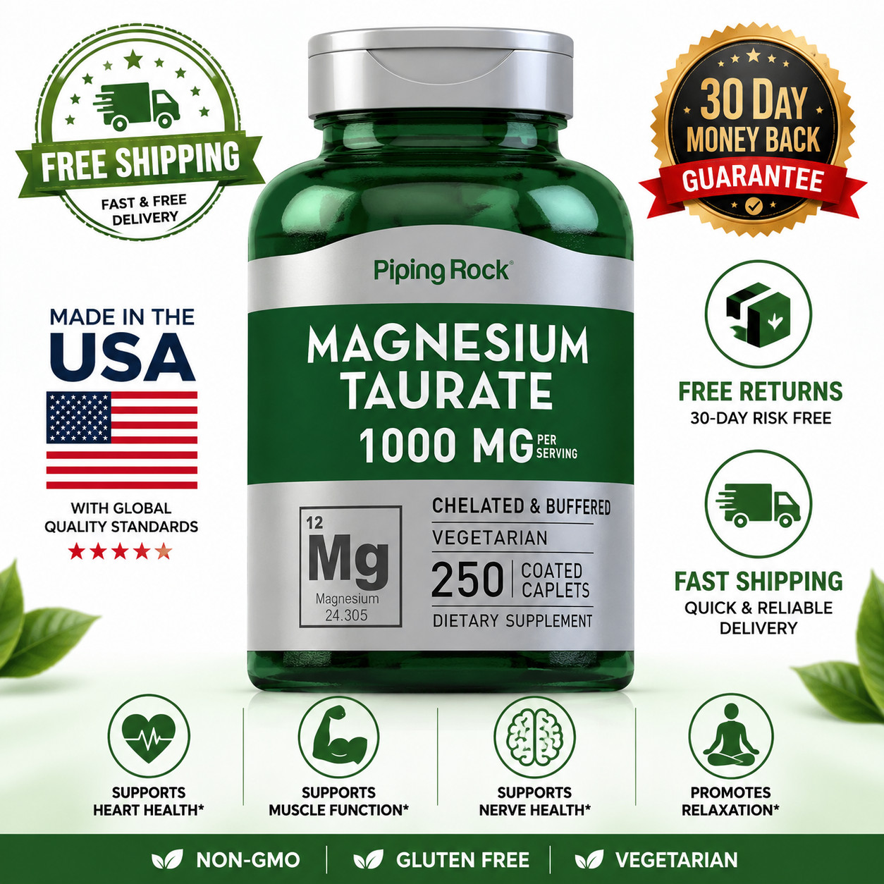 Magnesium Taurate 1000mg 250 Caps Vegeterian/NON-GMO