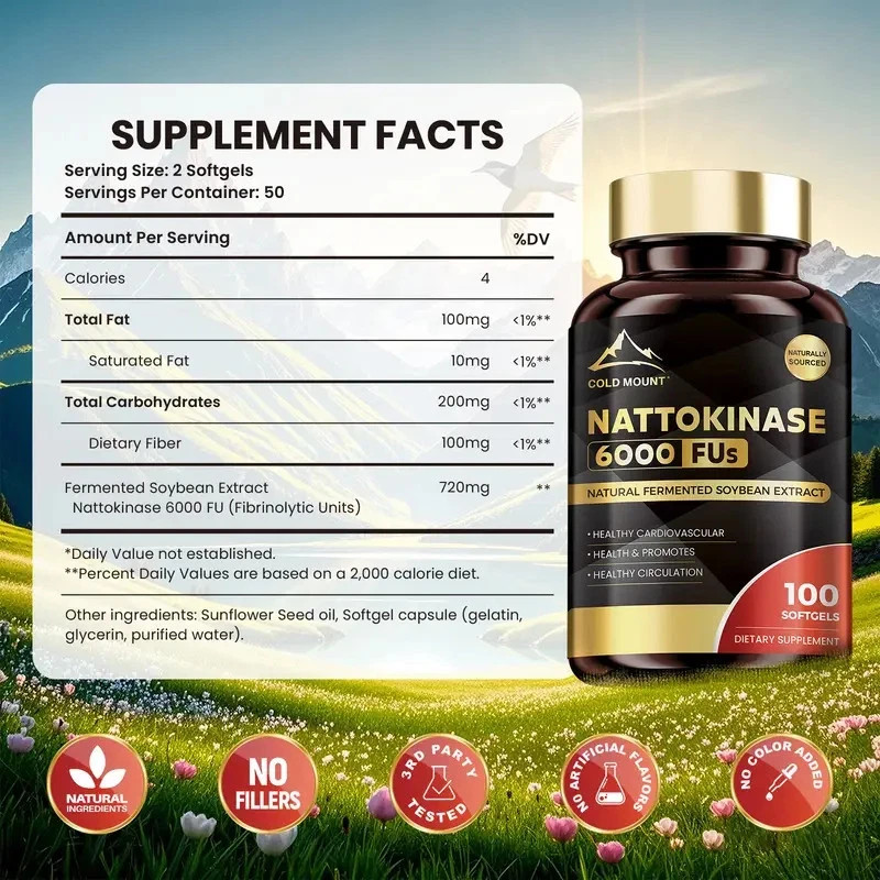 Nattokinase 6000 FU Enzyme For Heart/Brain Health, Blood Circulation 100gels US