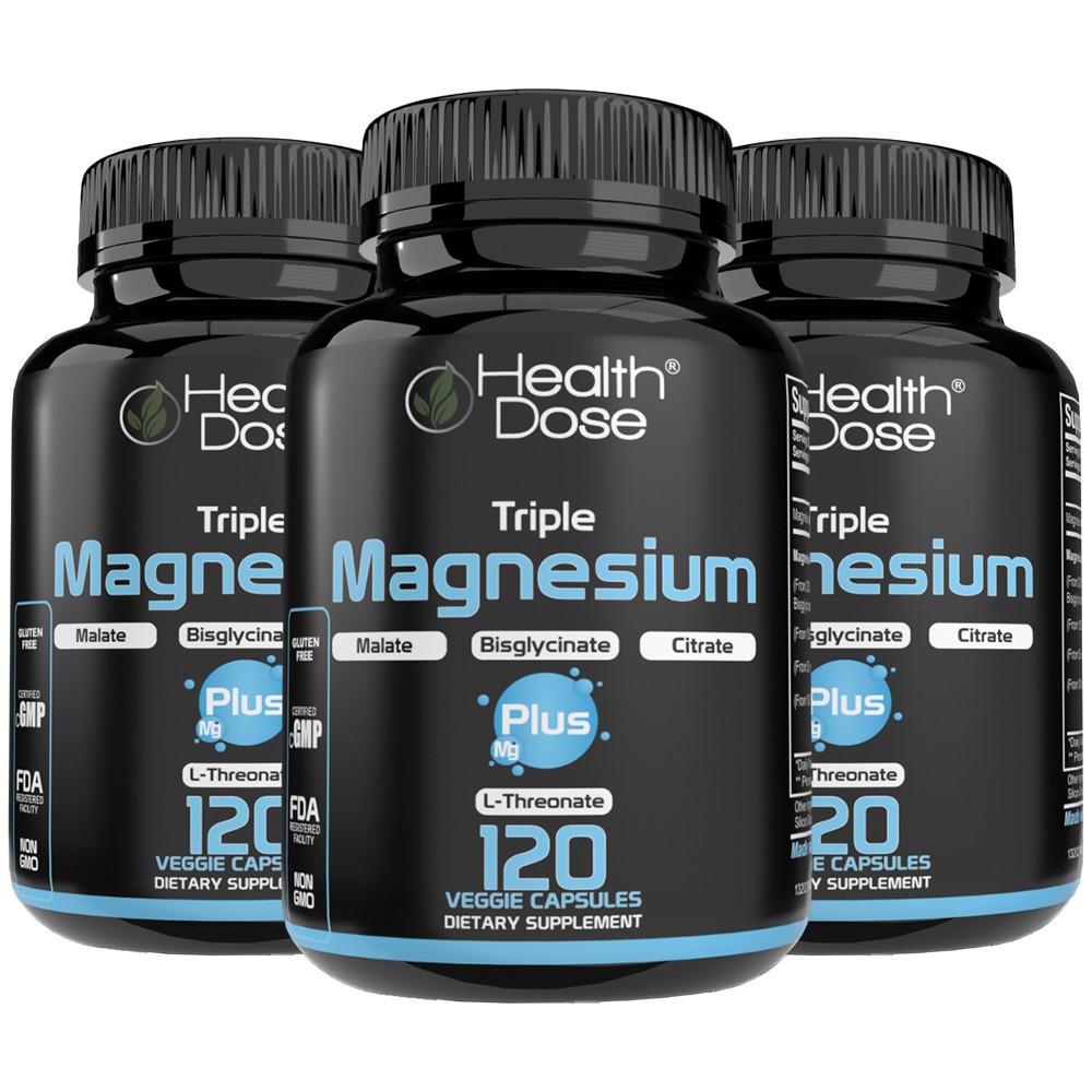 Health Dose Triple Magnesium Complex – 120 Veggie Capsules for Energy-Pack of 3