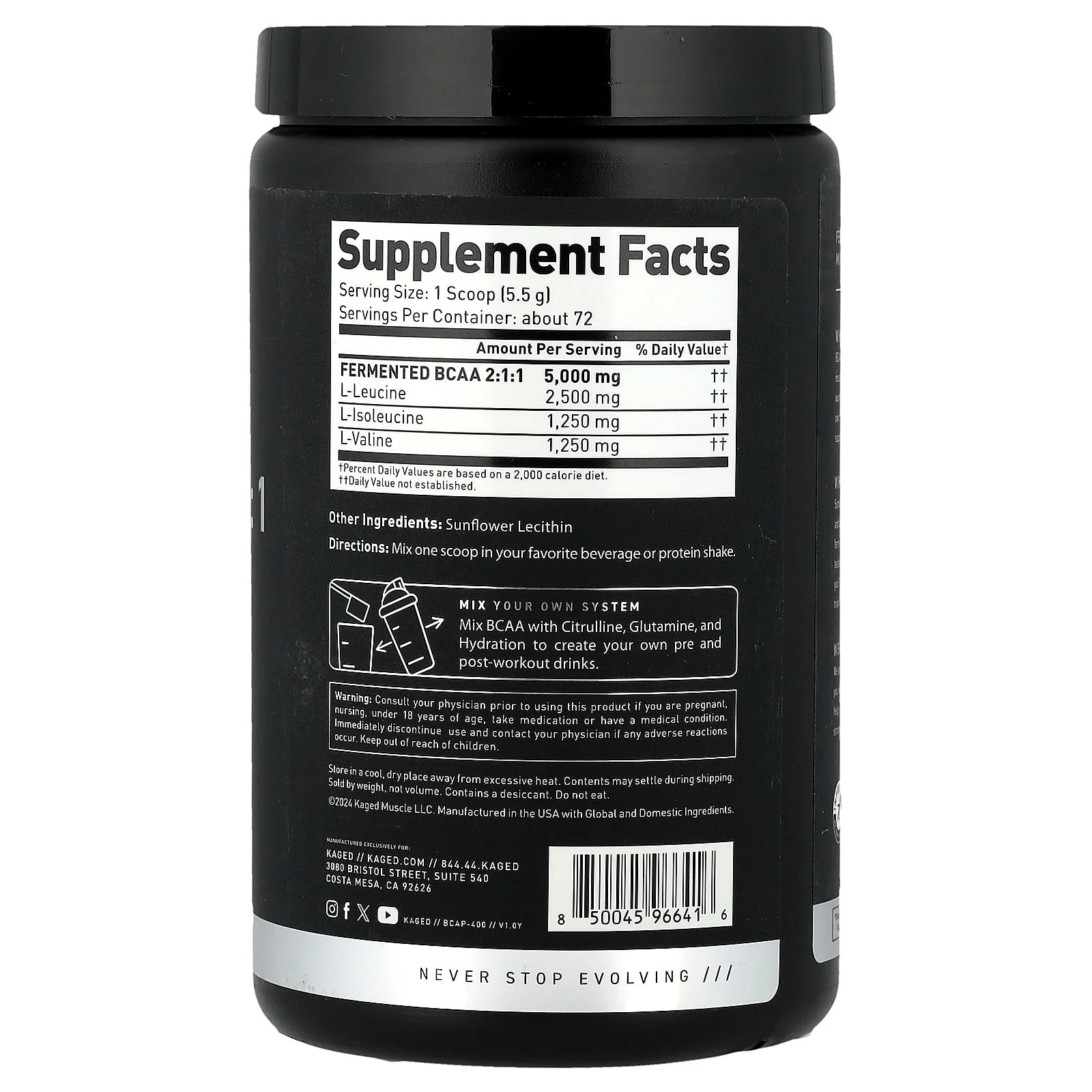 2 X Kaged, BCAA 2:1:1, Unflavored, 14.1 oz (400 g)