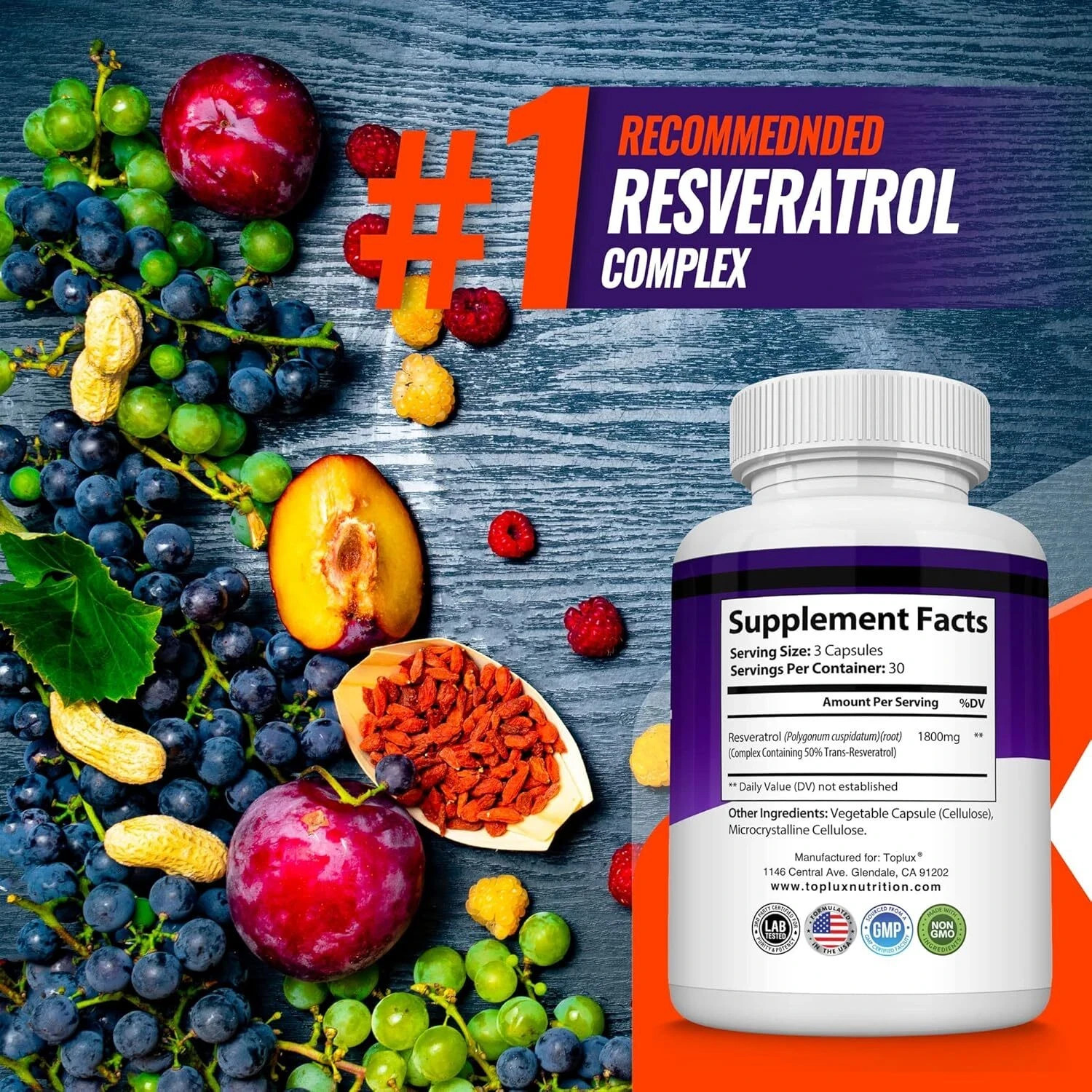 Resveratrol Supplement 1800 Mg Antioxidant Complex – Highly Potent Natural Trans