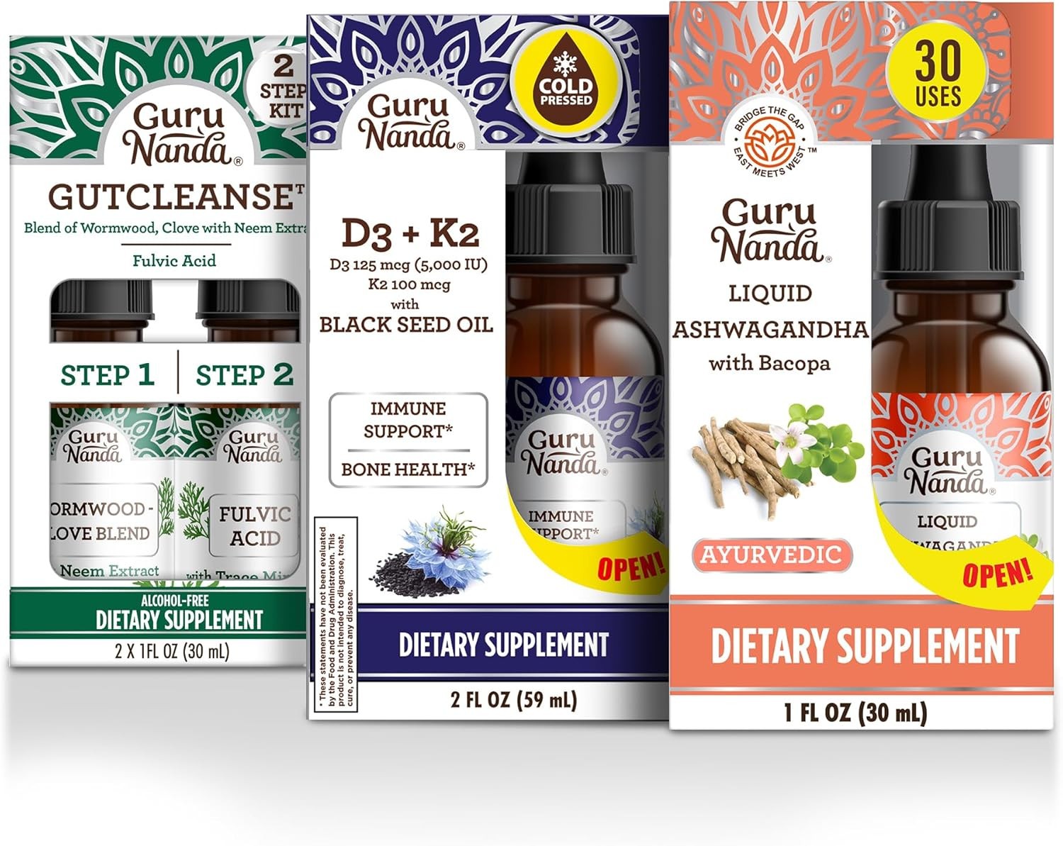 GuruNanda Total Wellness Boost – Liquid Ashwagandha, Black Seed Oil & GutCleanse