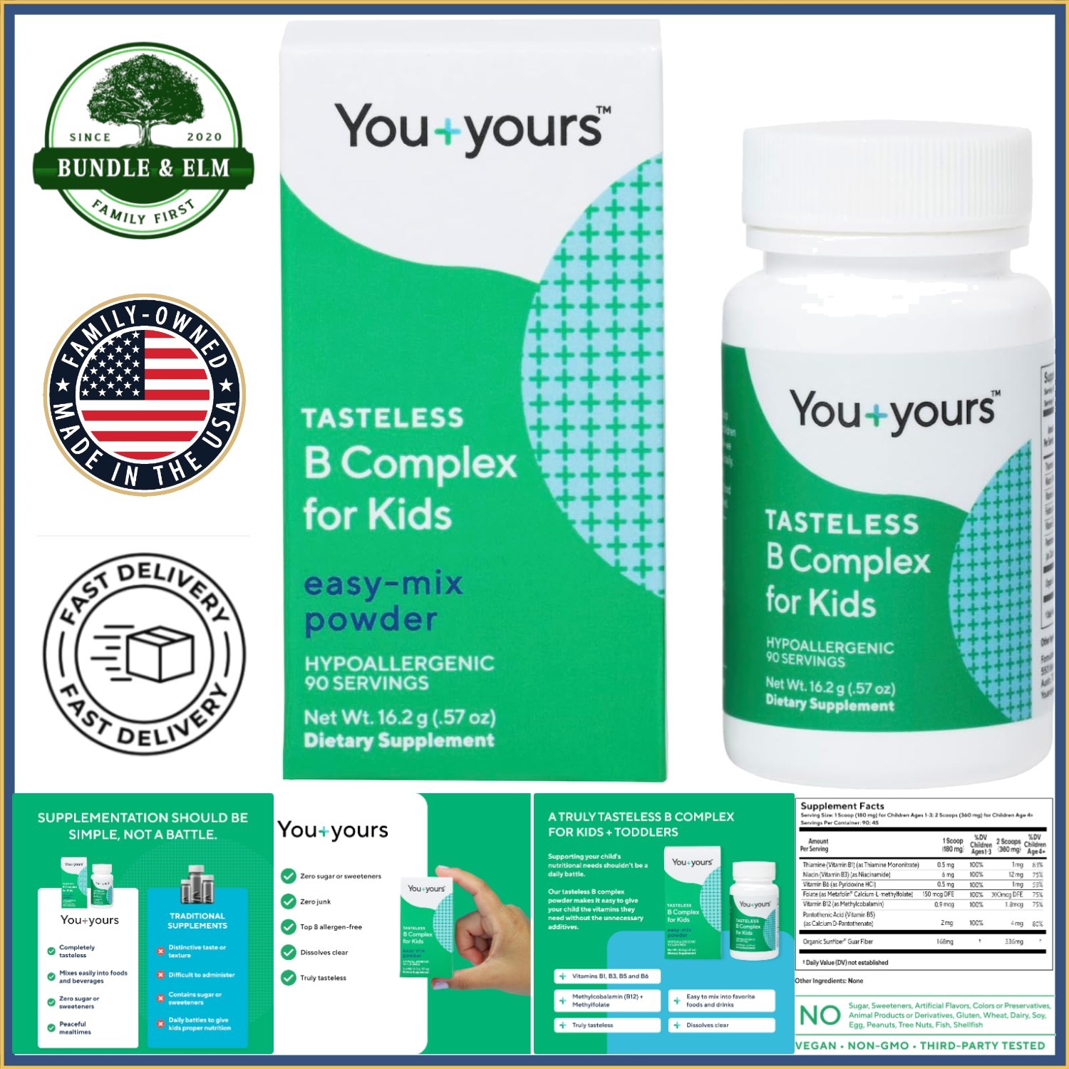 Tasteless B Complex Powder for Kids, Supplement – No Additives or Colors