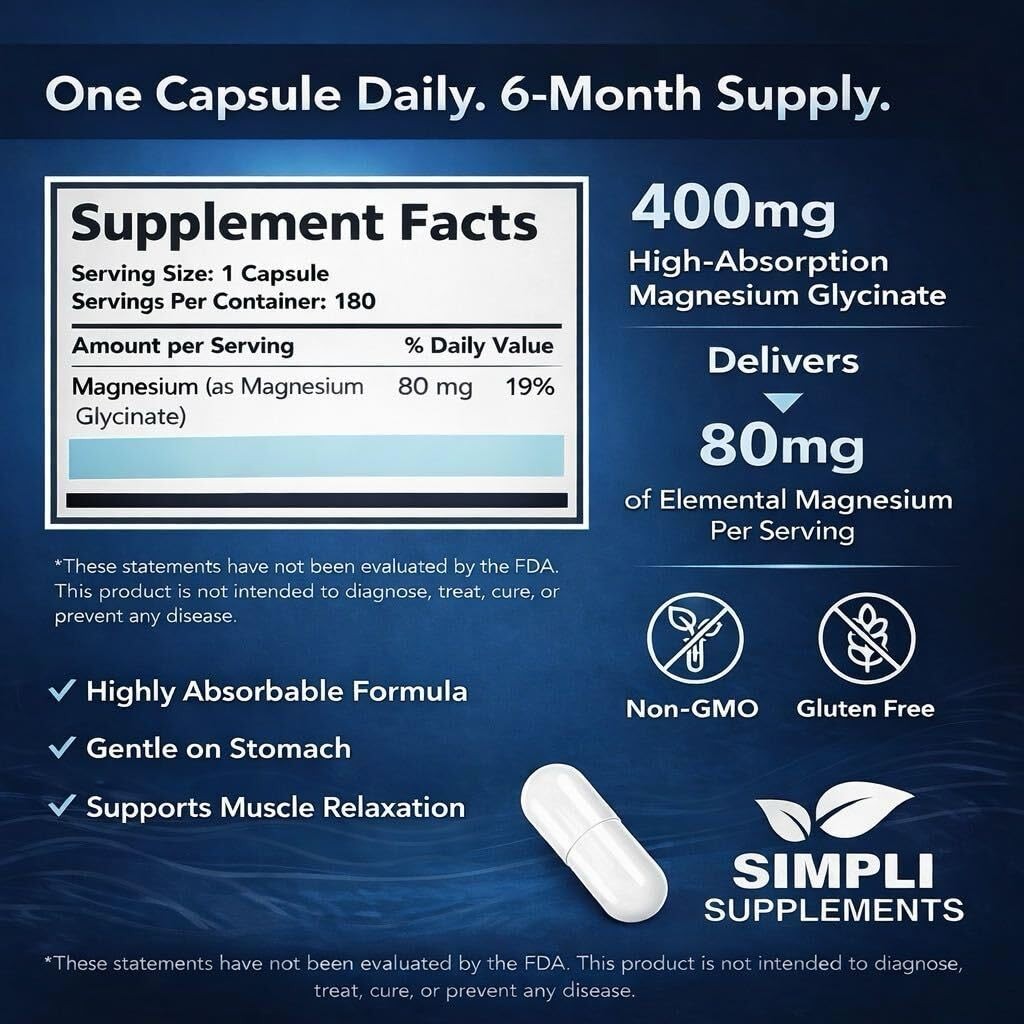 Magnesium Glycinate 400mg per Serving – High Absorption 180 Count (Pack of 1)