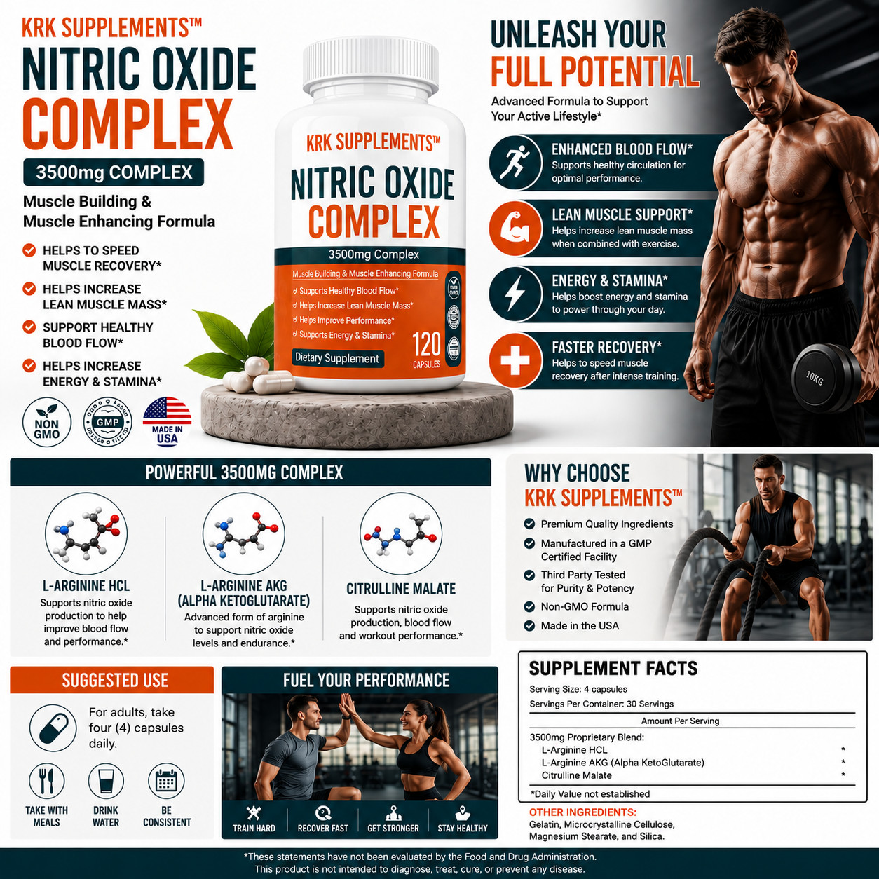 1 btl Nitric Oxide Complex 3500mg L-Arginine AAKG Muscle Pump Growth Pills