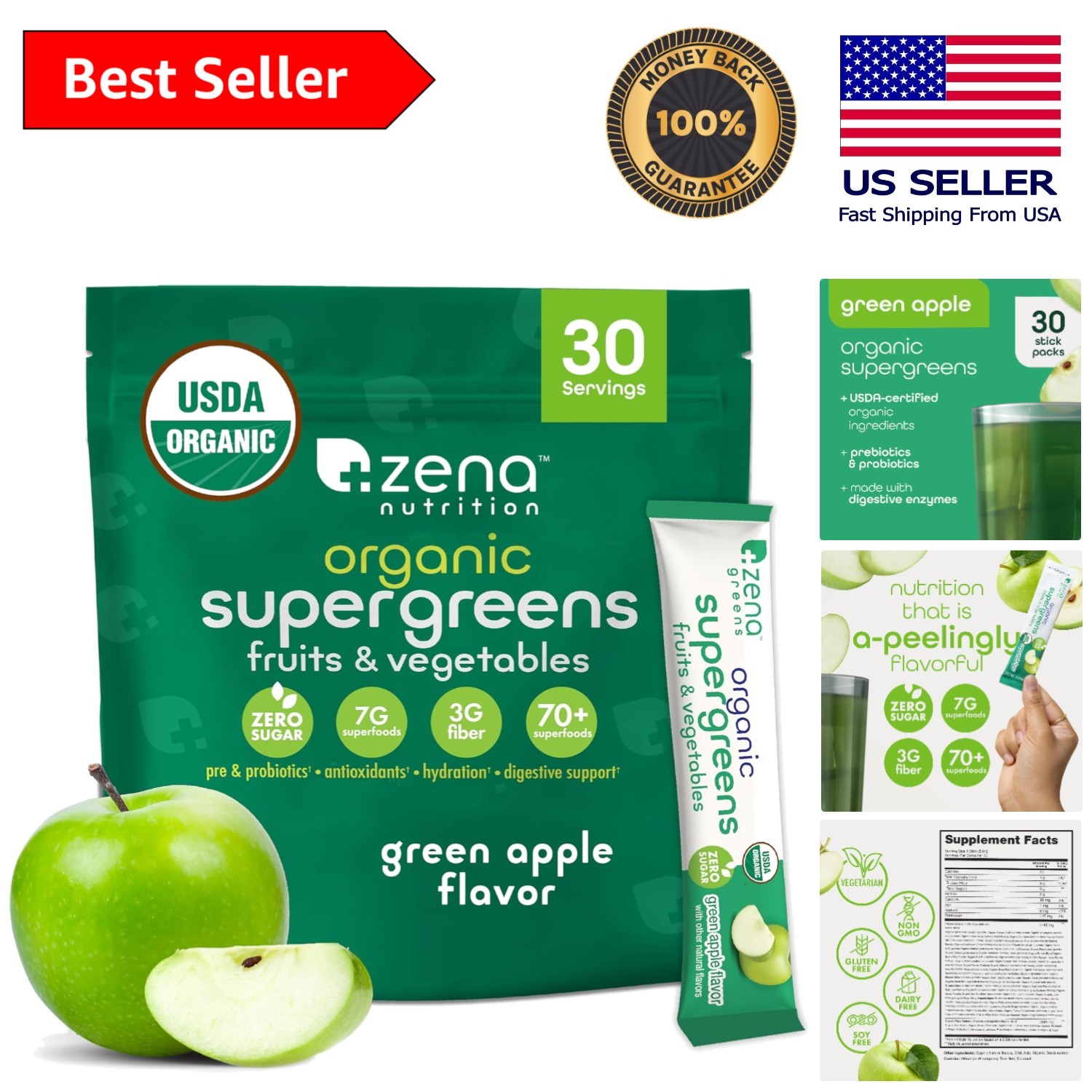 Organic Super Greens Powder with 70+ Superfoods & 0 Sugar – Green Apple, 30 Pack