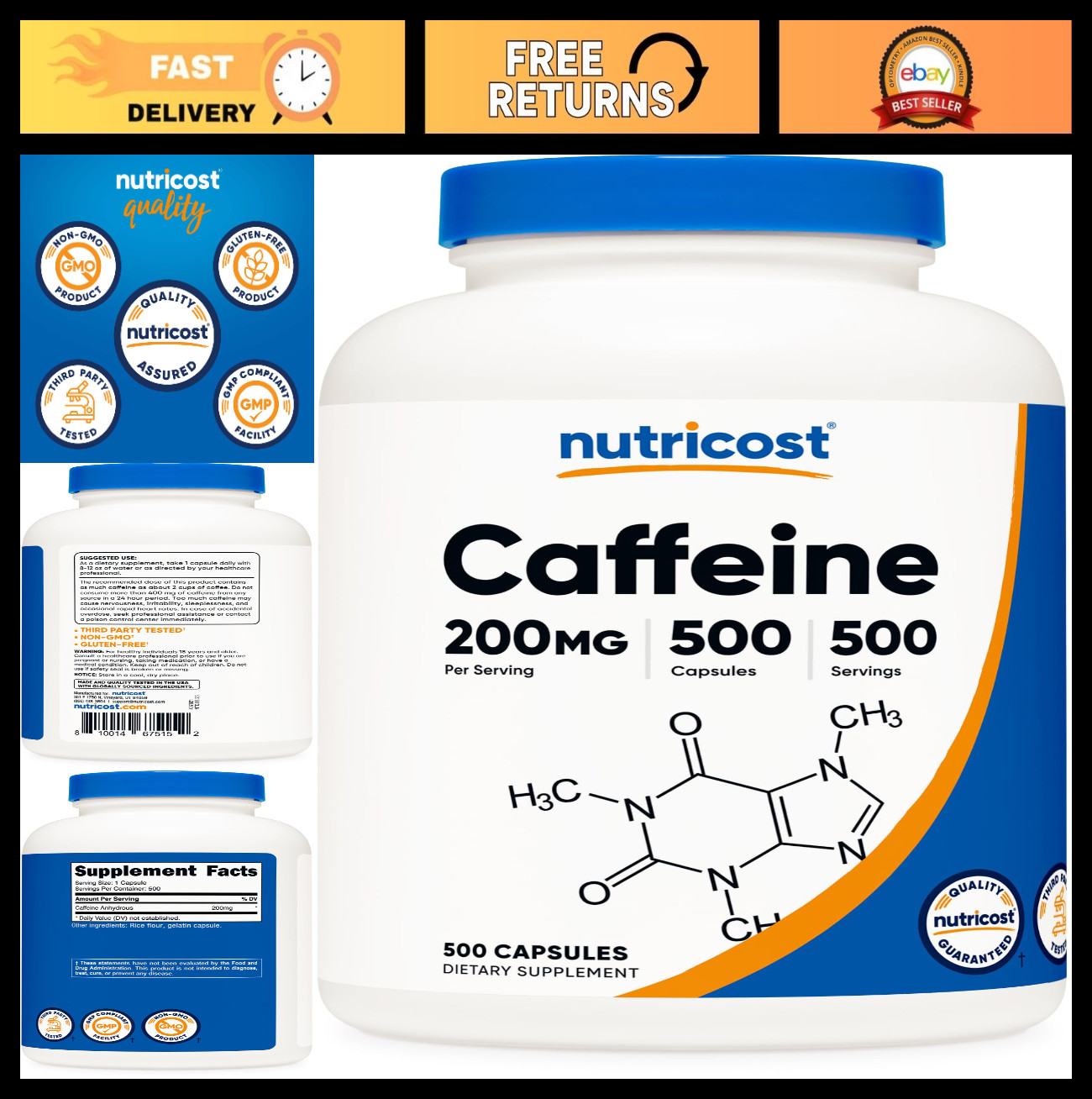 Caffeine Pills 200mg – Energy Boosting Supplement, 500 Capsules for Focus & Aler