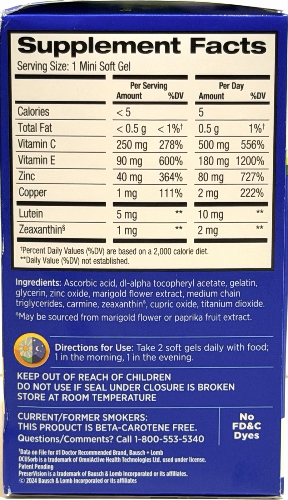 2 Pk Bausch + Lomb PreserVision AREDS 2 Eye Vitamins 120 Mini Softgels Exp 11/26
