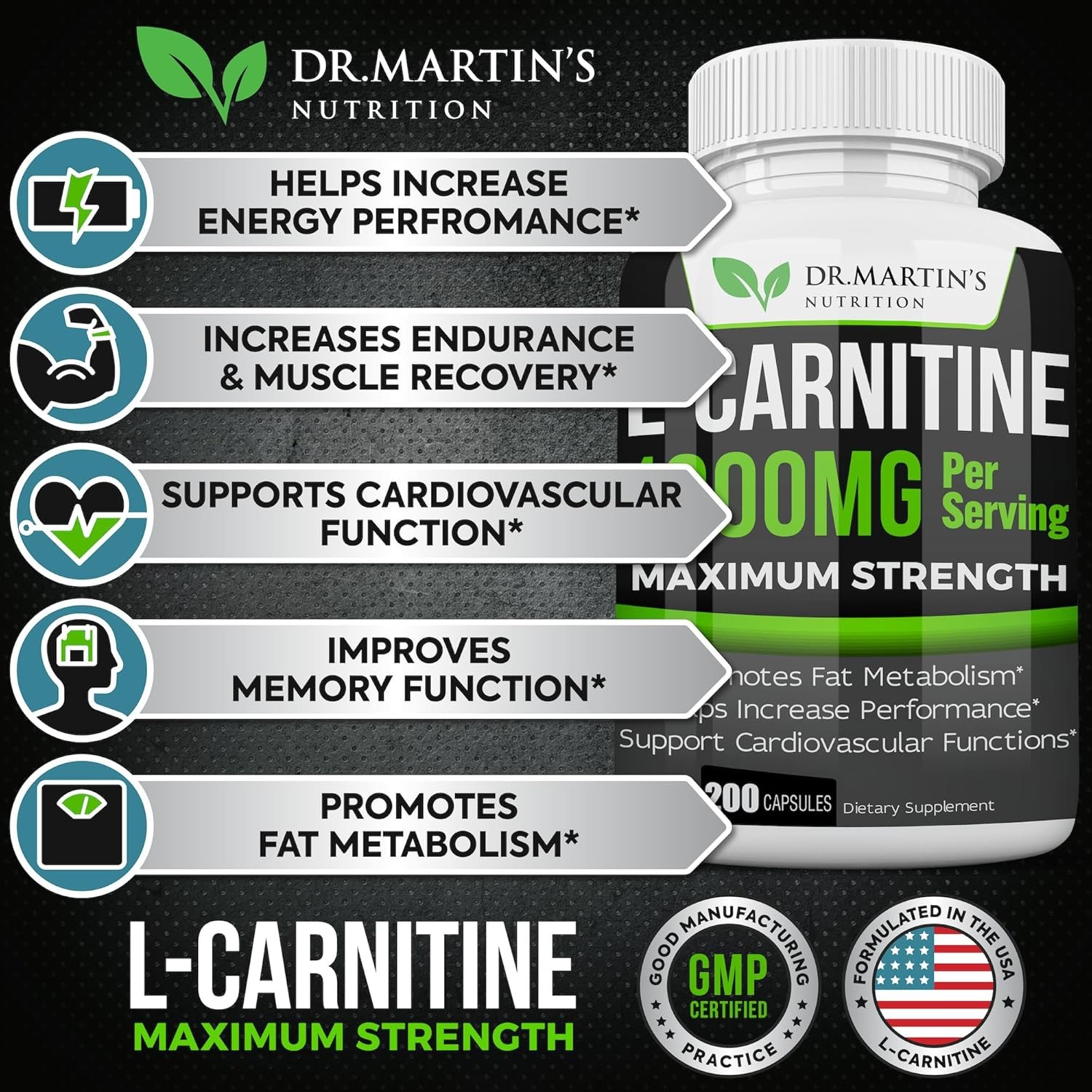 Dr. Martin’s L-Carnitine 1000mg 200 Capsules Metabolism Performance Boost