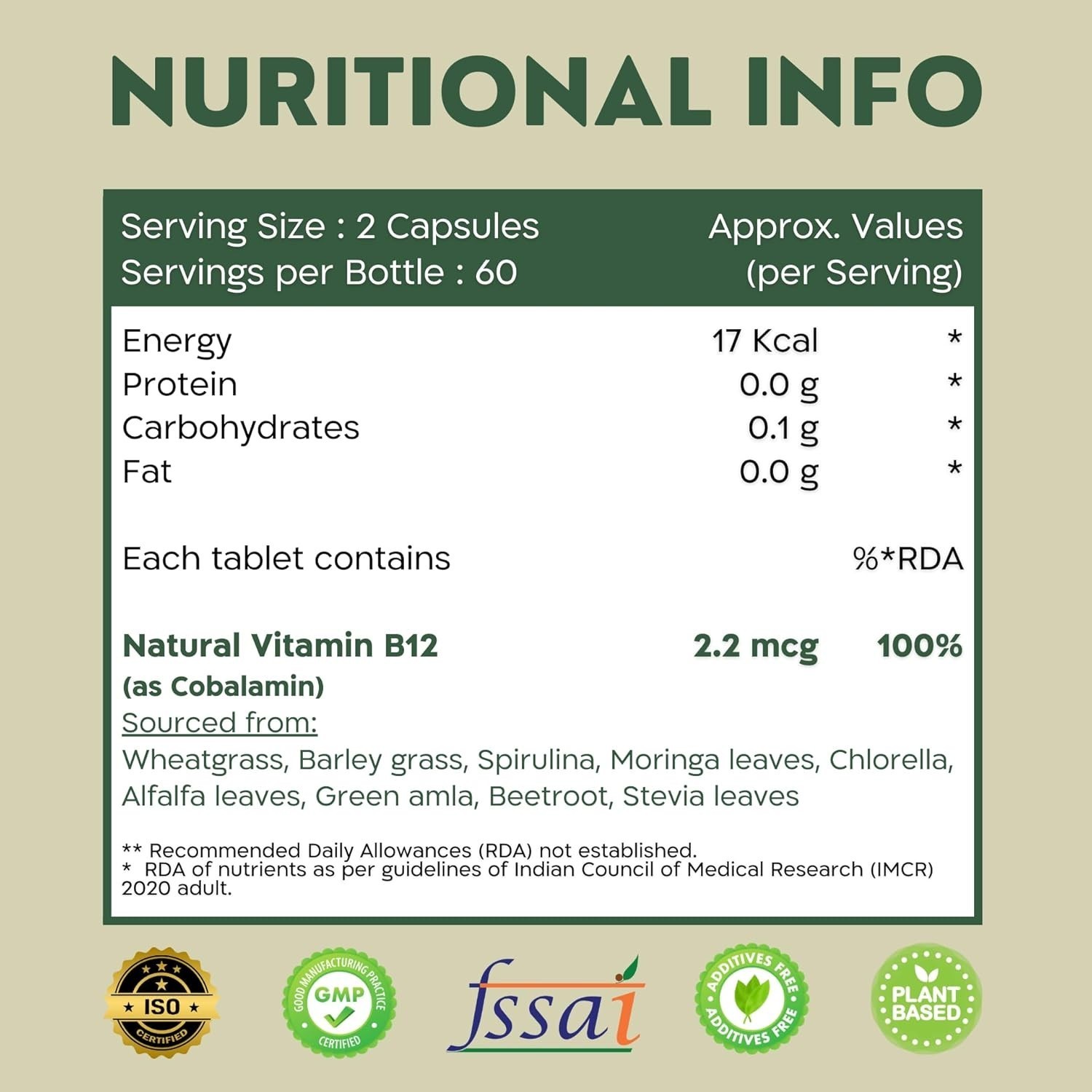 Nutrabud Organics Plant Based Vitamin B12 Supplement for Men Women 120 Capsules