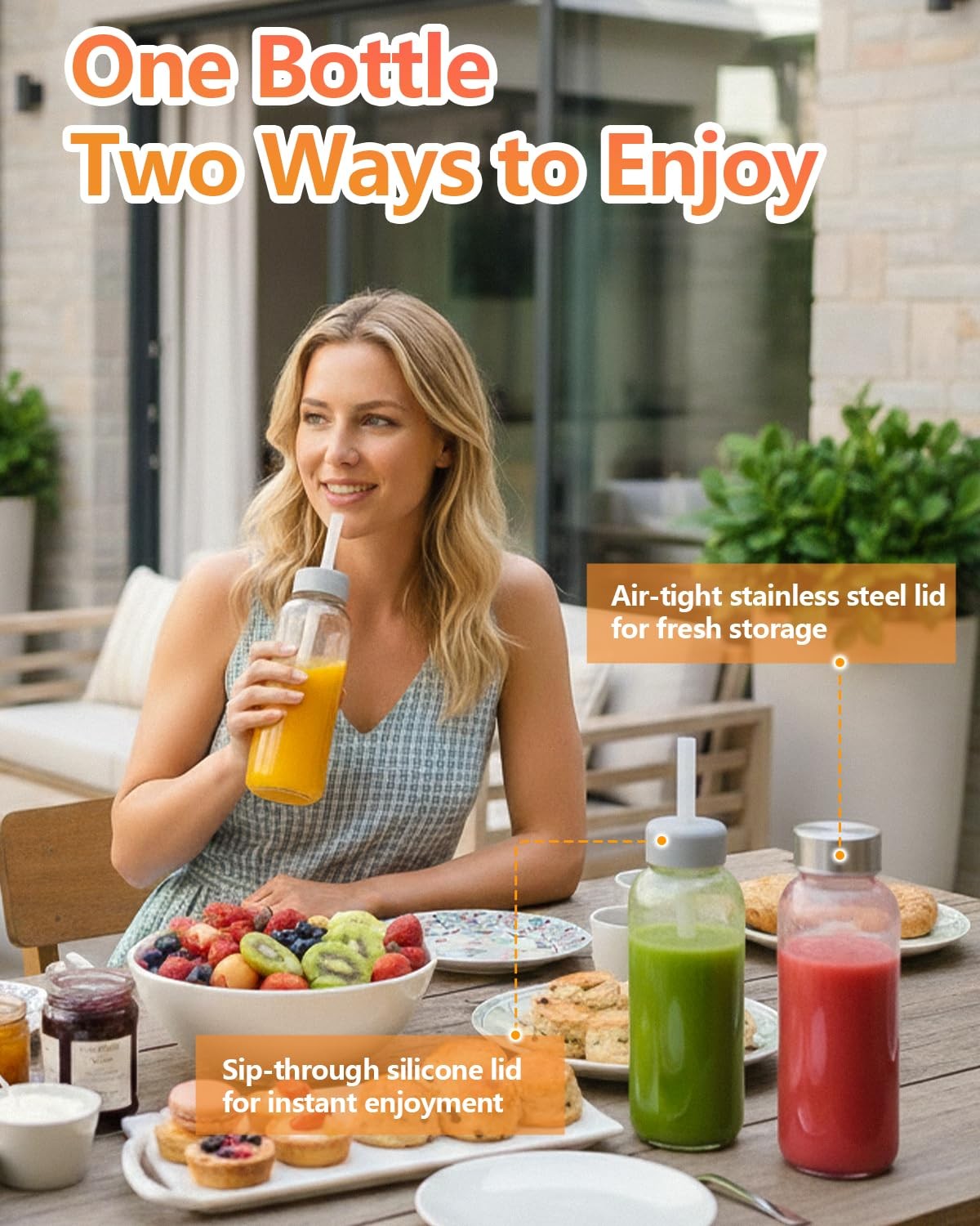 Glass Water Bottles with Lids & Straw 16 oz 8 Pack Reusable Juice Bottles With