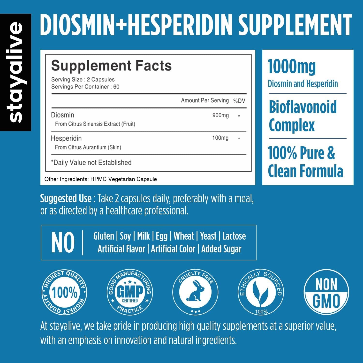 STAY ALIVE Diosmin Hesperidin 1000mg Complex, 120 120 Count (Pack of 1)