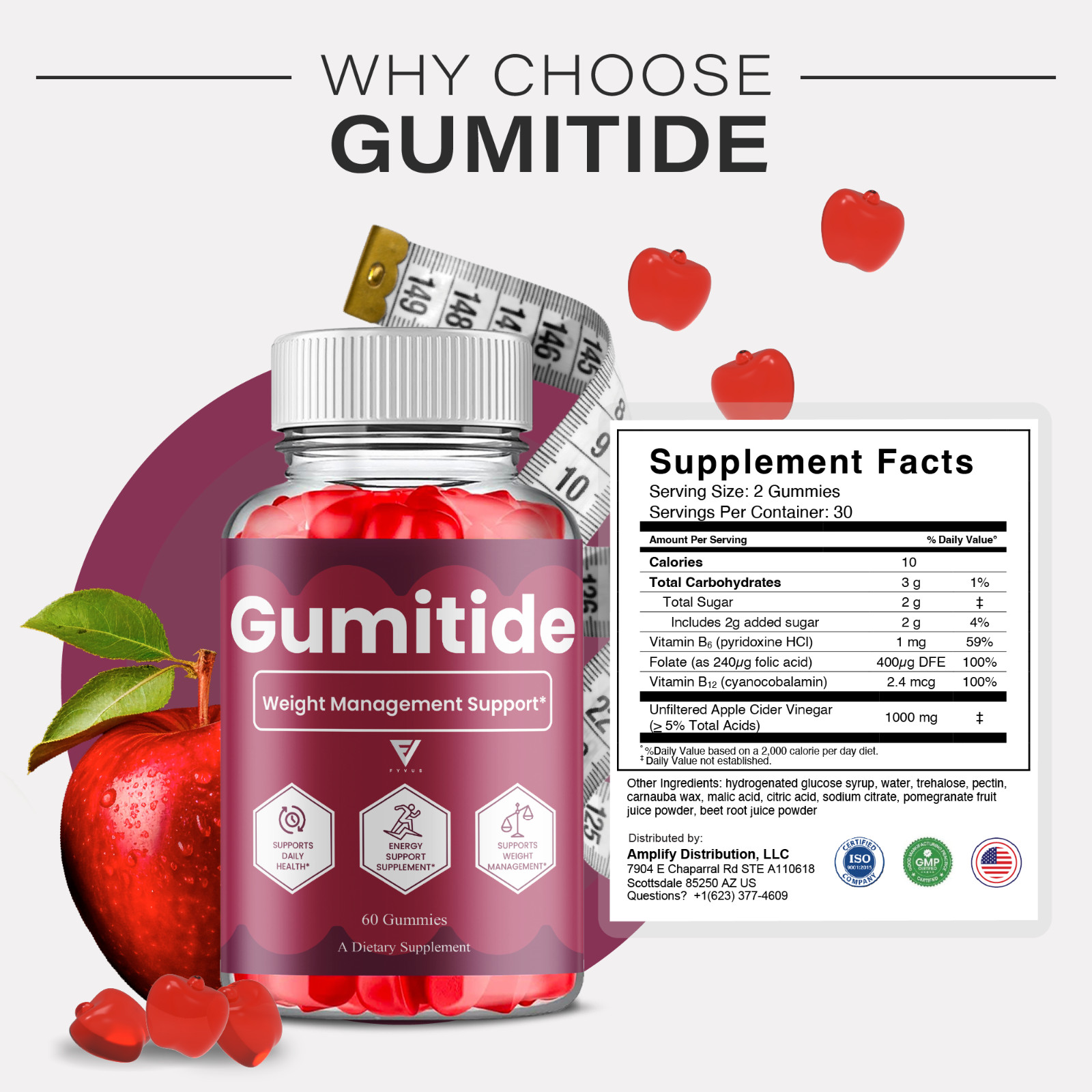 (3 Pack) Gumitide Weight Management Gummies, Gumitide Supplement (180 Gummies)