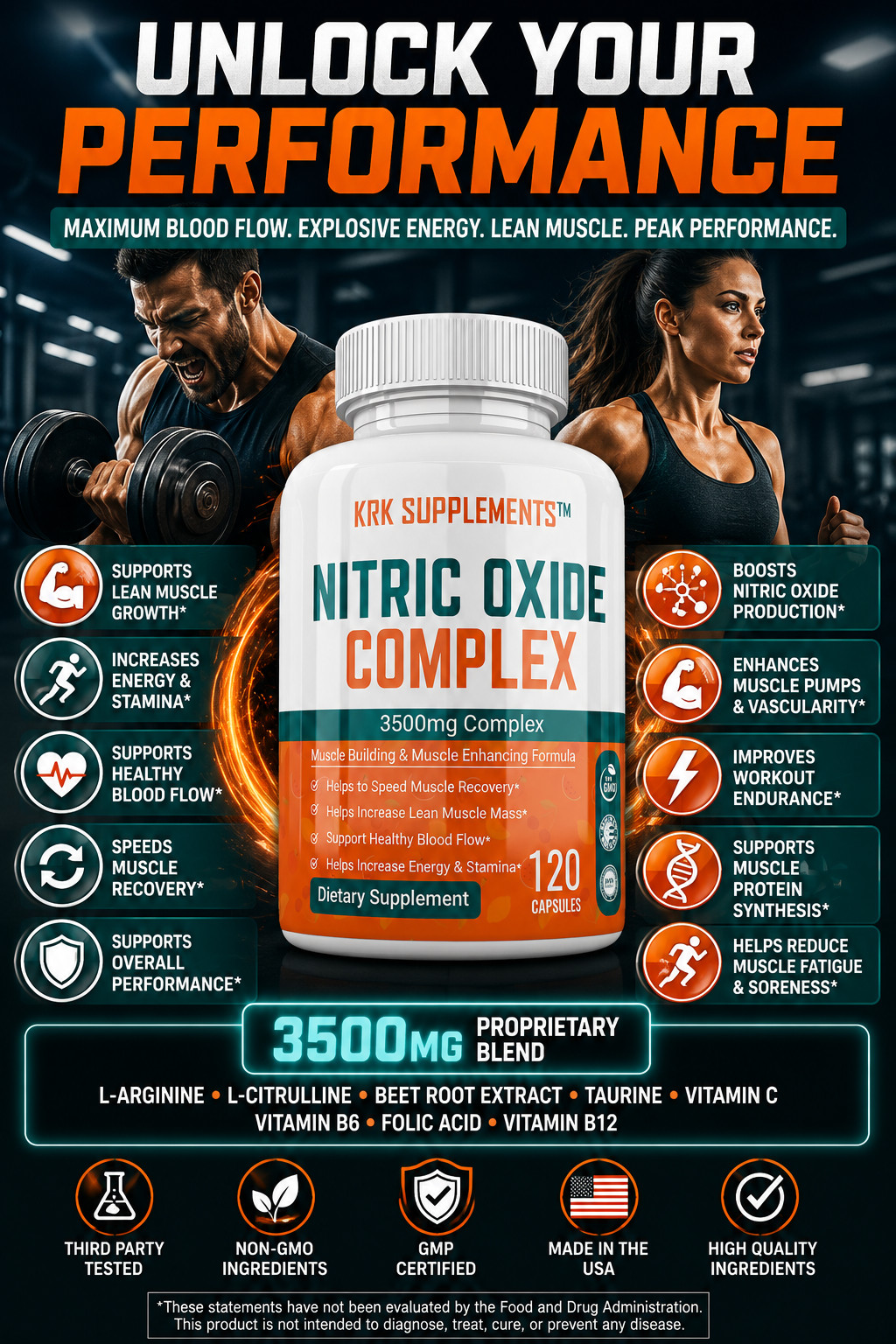 3 Bottles Nitric Oxide Complex 3500mg L-Arginine AAKG Muscle Pump Growth Pills