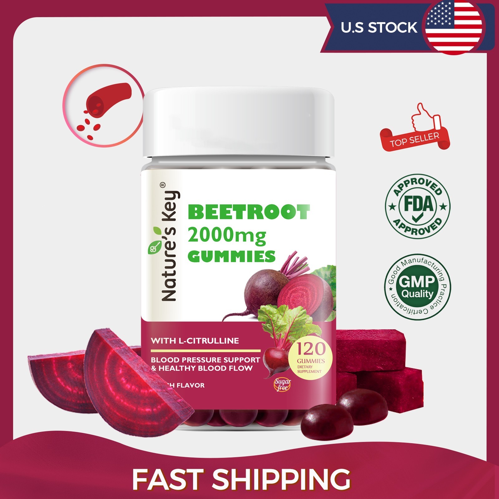 Nature’s Key 2000mg Beetroot Gummies– Heart Health, Blood Circulation Support