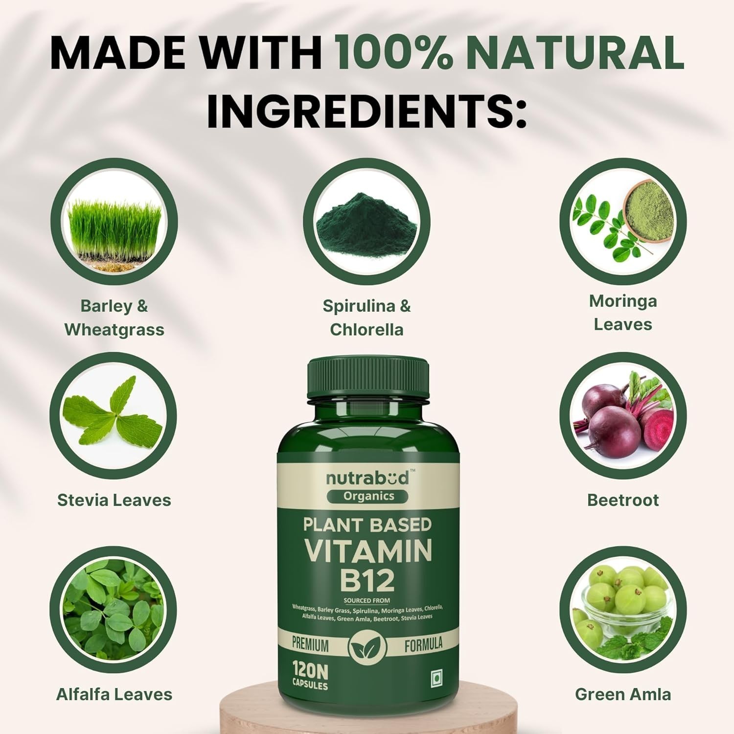 Nutrabud Organics Plant Based Vitamin B12 Supplement for Men Women 120 Capsules