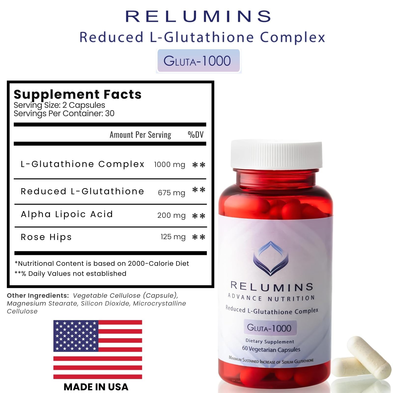 Relumins Advance Nutrition Gluta-1000 Dietary Supplement 60 Vegetarian Capsules