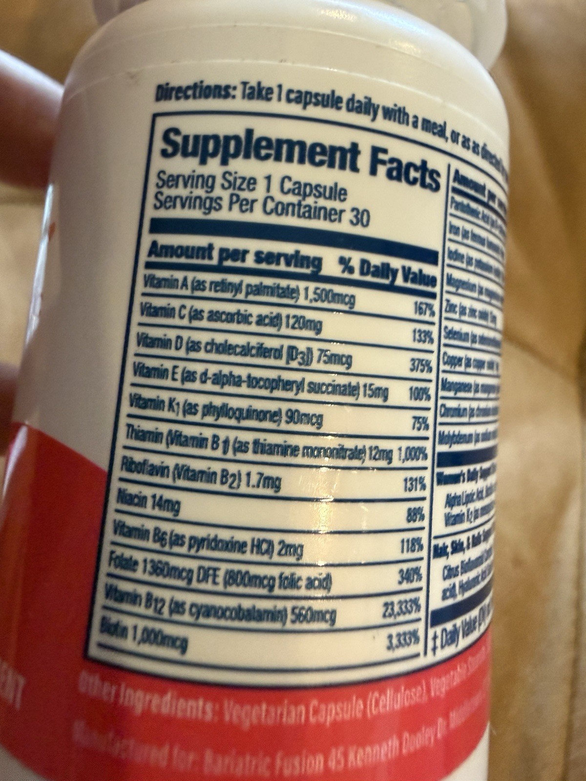 4X Bariatric Fusion Women’s Multivitamin- 45mg Iron, Vit A+C+D3+E, 30 Capsules