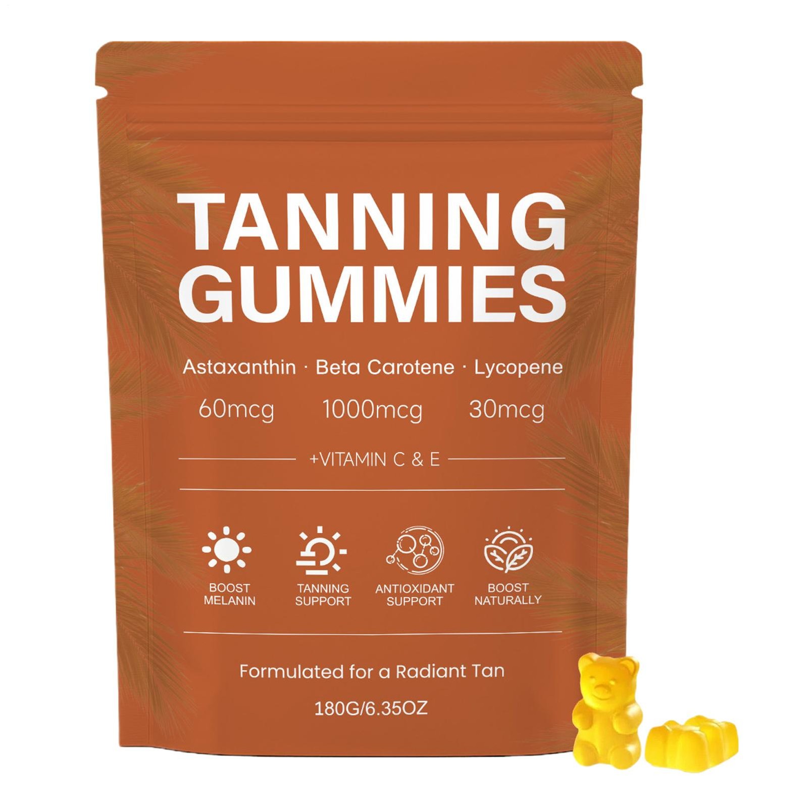 Tanning Sun Gummies with Beta-Carotene Lycopene 60ct Vegan Sugar-Free