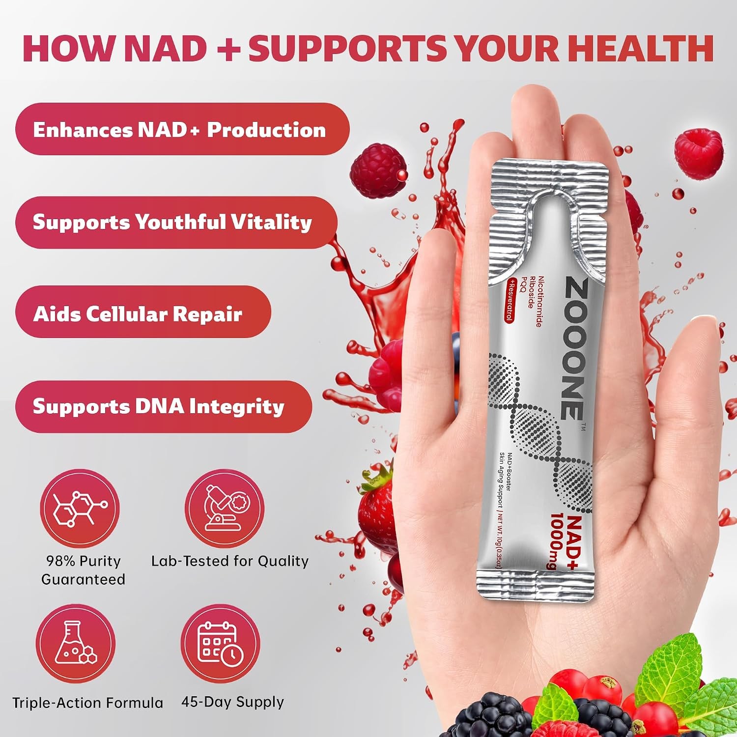 NAD+ 1000mg Powder 30 Sticks Nicotinamide Riboside PQQ Resveratrol Anti Aging