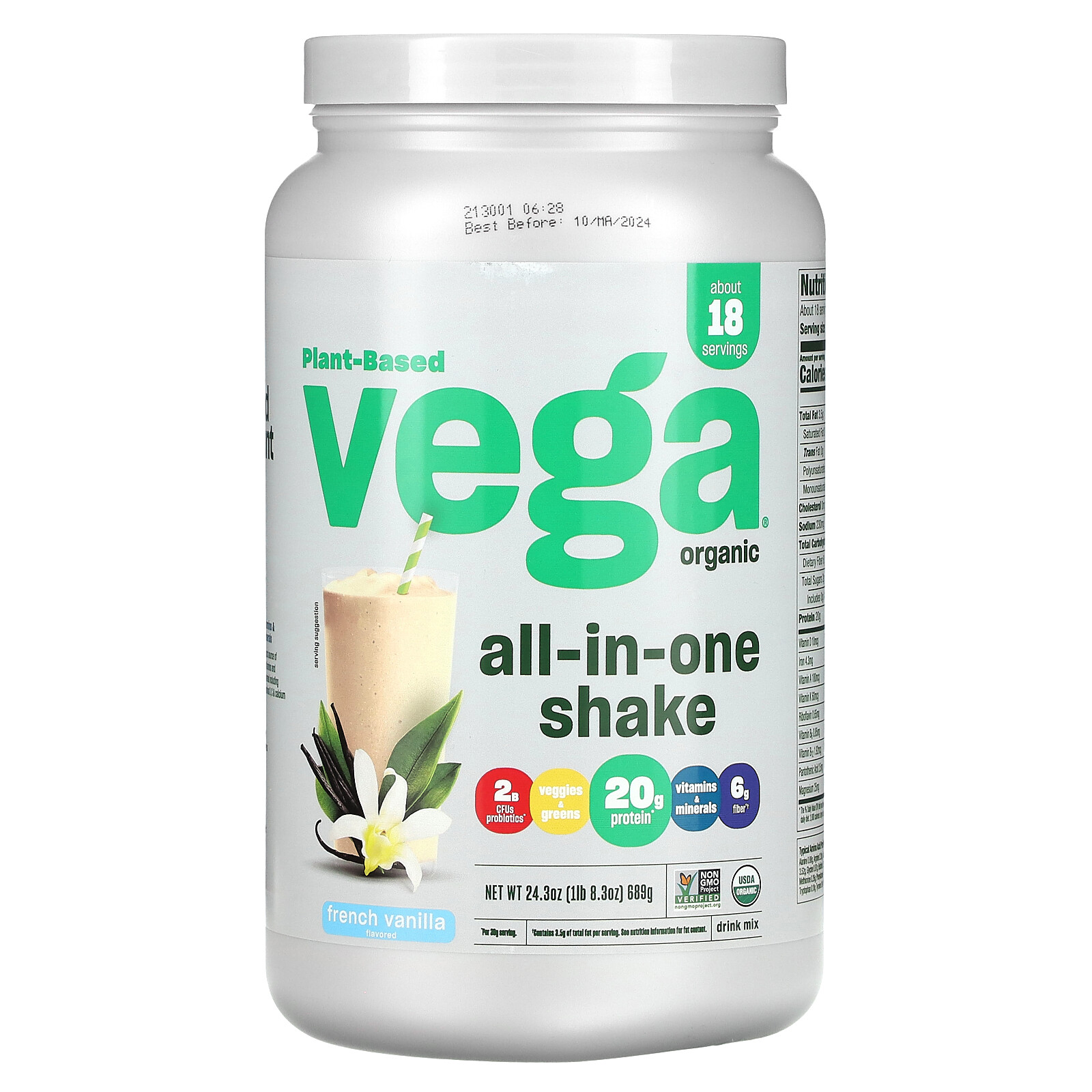 Plant-Based, Organic All-In-One Shake, French Vanilla, 24.3 oz (689 g)