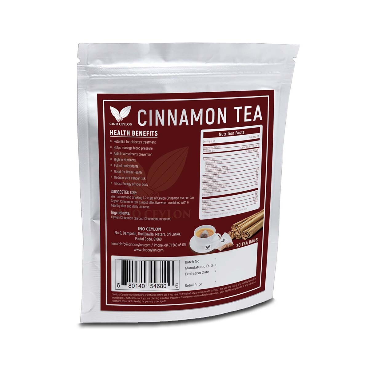 Natural Premium Ceylon Organic Cinnamon Tea bags Herbal drink 65g -balance sugar