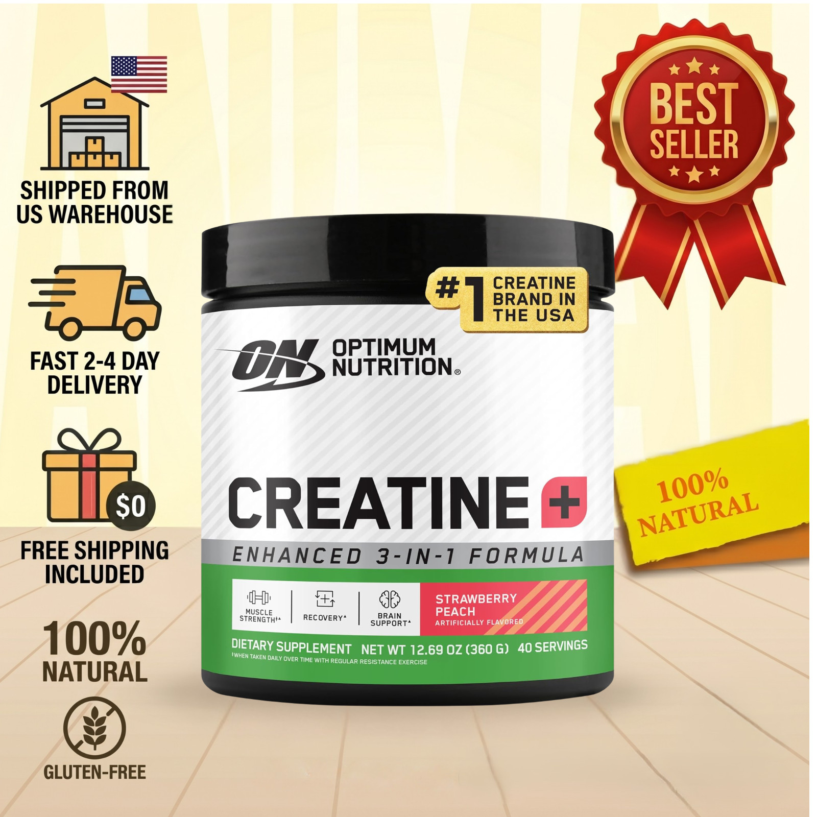 Optimum Nutrition Creatine Monohydrate Plus Powder Strawberry Peach 40 Servings