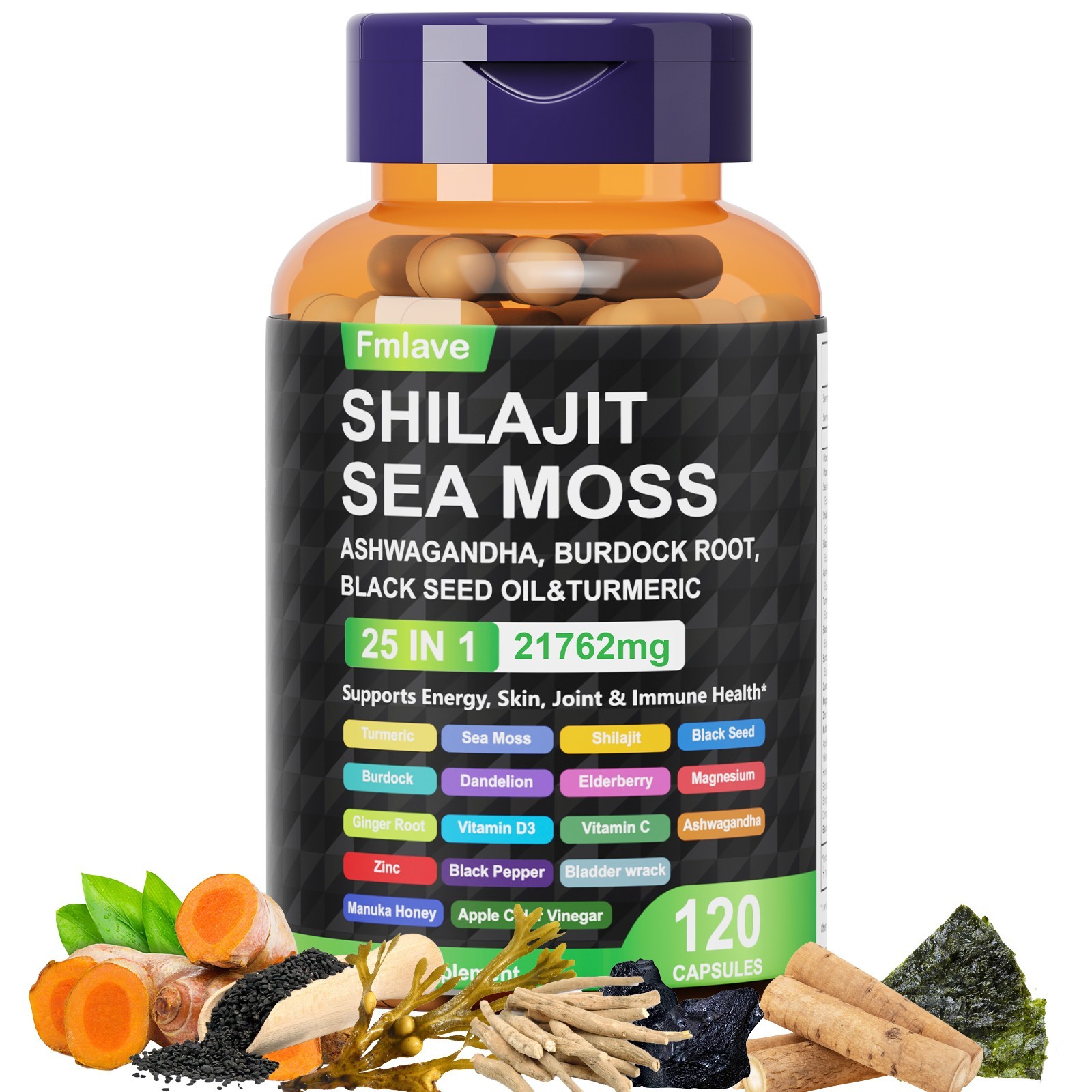 Sea Moss, Black Seed Oil, Ashwagandha, Turmeric Ginger Shilajit Burdock Maca D3
