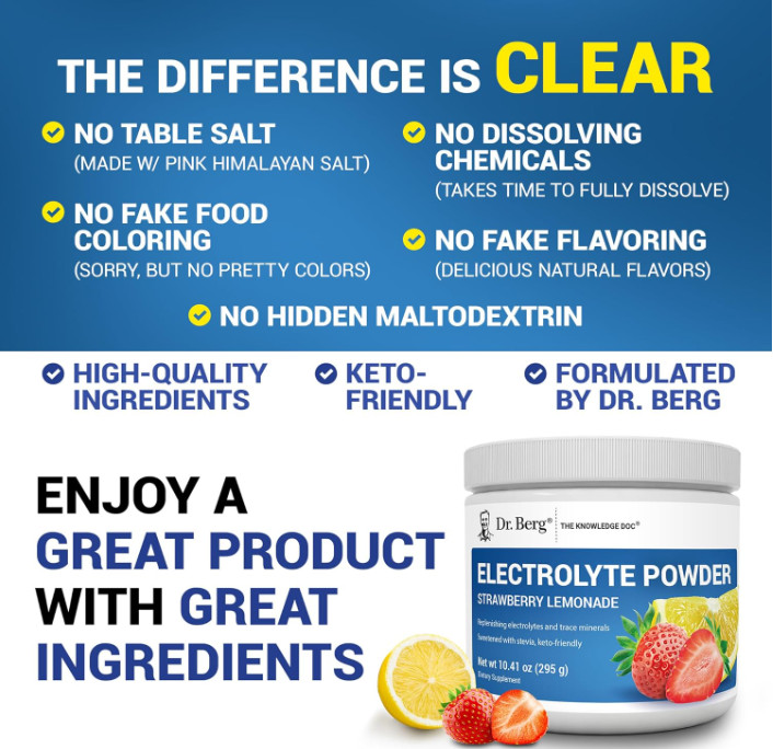 Dr. Berg Zero Sugar Keto Electrolyte Powder, Strawberry Lemonade, 50 Servings