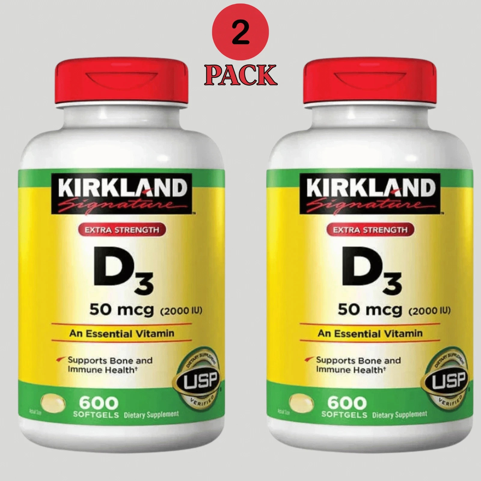 Kirkland Vitamin D3 2000 IU Extra Strength 2 Pack 1200 Softgels USP EXP 06/28