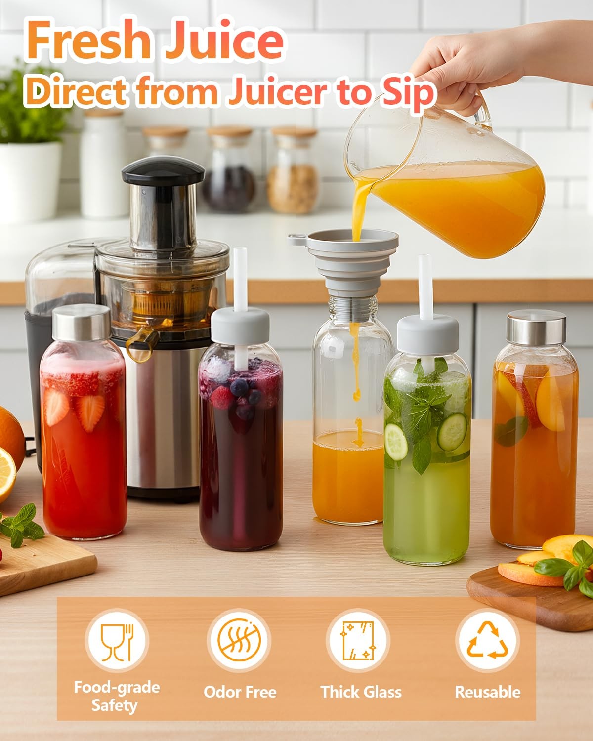 Glass Water Bottles with Lids & Straw 16 oz 8 Pack Reusable Juice Bottles With