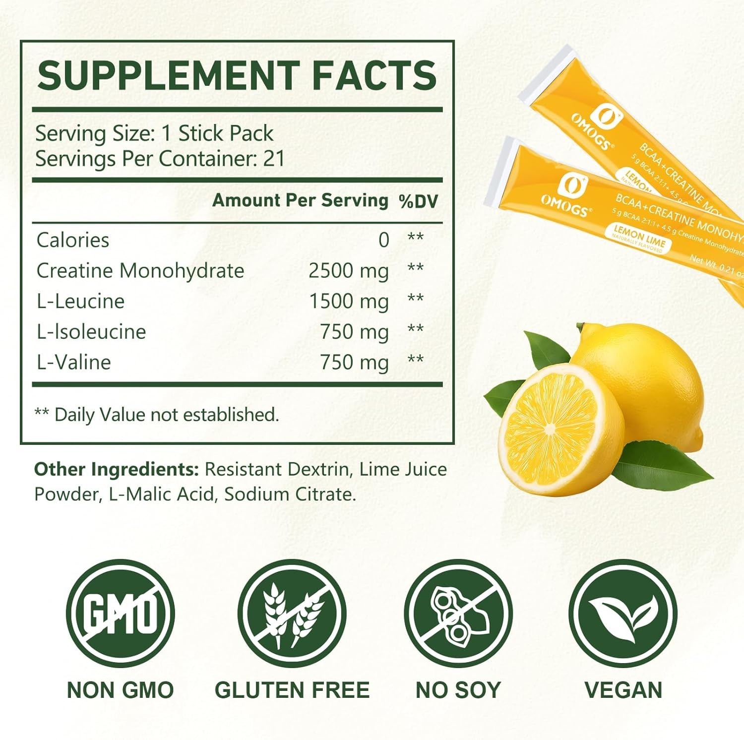 Natural Lemon Flavored Creatine Monohydrate + BCAA, 3.2 oz for Energy & Recovery