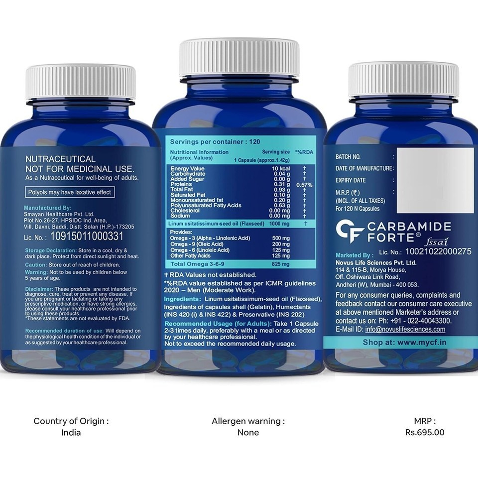 Carbamide Forte Cold Pressed Flaxseed Oil Omega 3, 6 & 9 Capsules – 120 Capsules