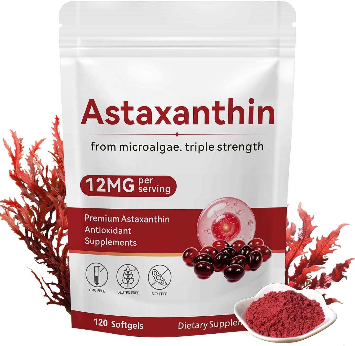Astaxanthin 12mg 120 Softgels, 4 Month Supply,Triple Strength,Non-GMO,Eye Health