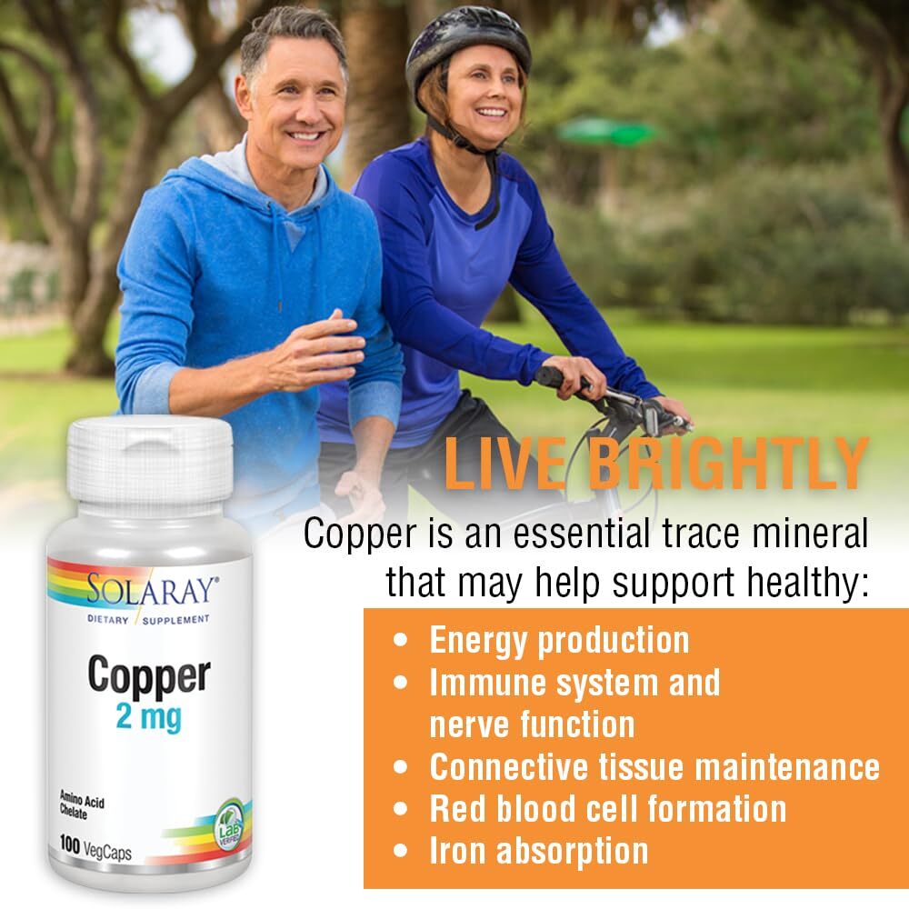 Solaray Copper Chelate 2 mg Mineral Supplement 100 Vegan Capsules Energy Support