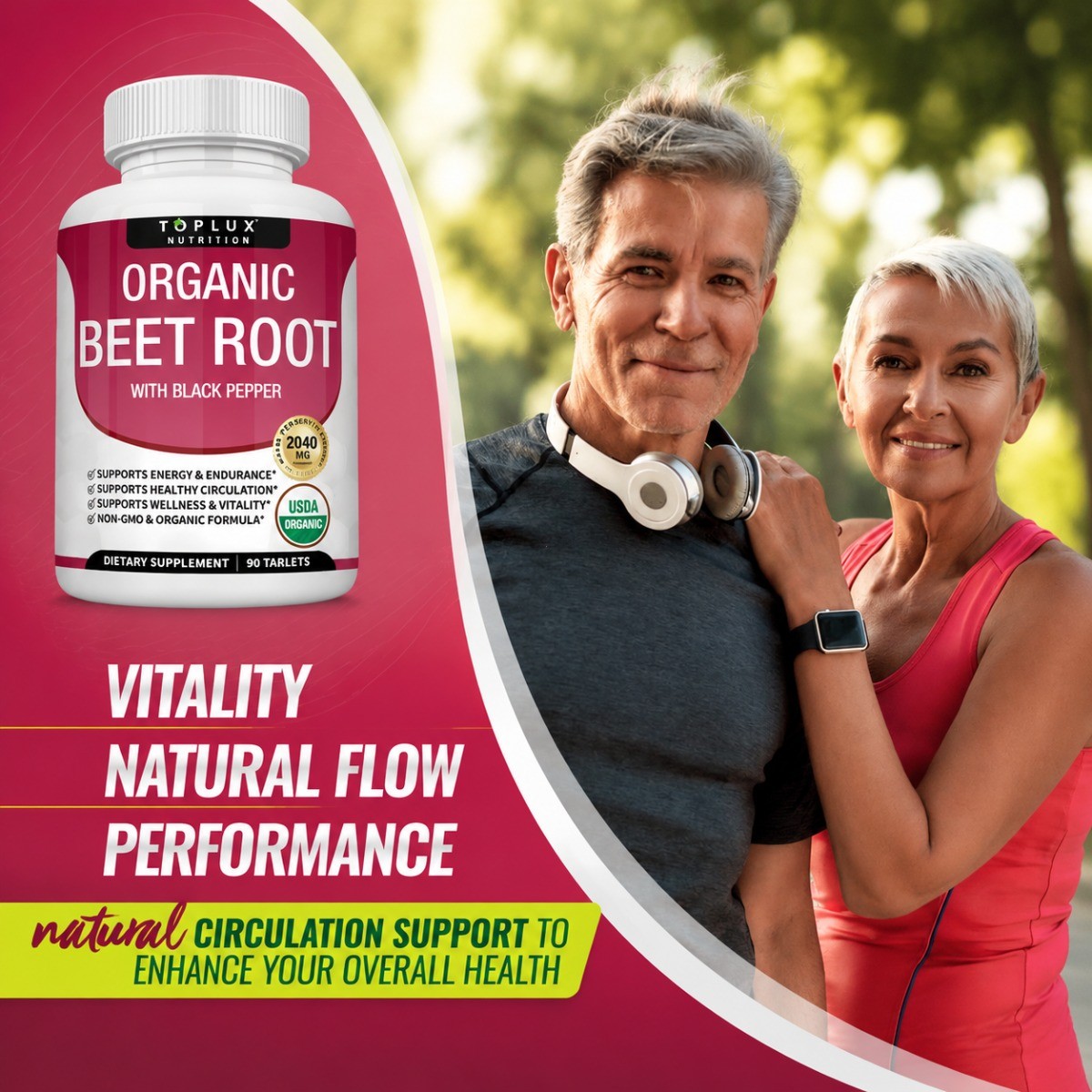 Toplux Organic Beet Root Tablets | 2040mg with Black Pepper, 90 Count