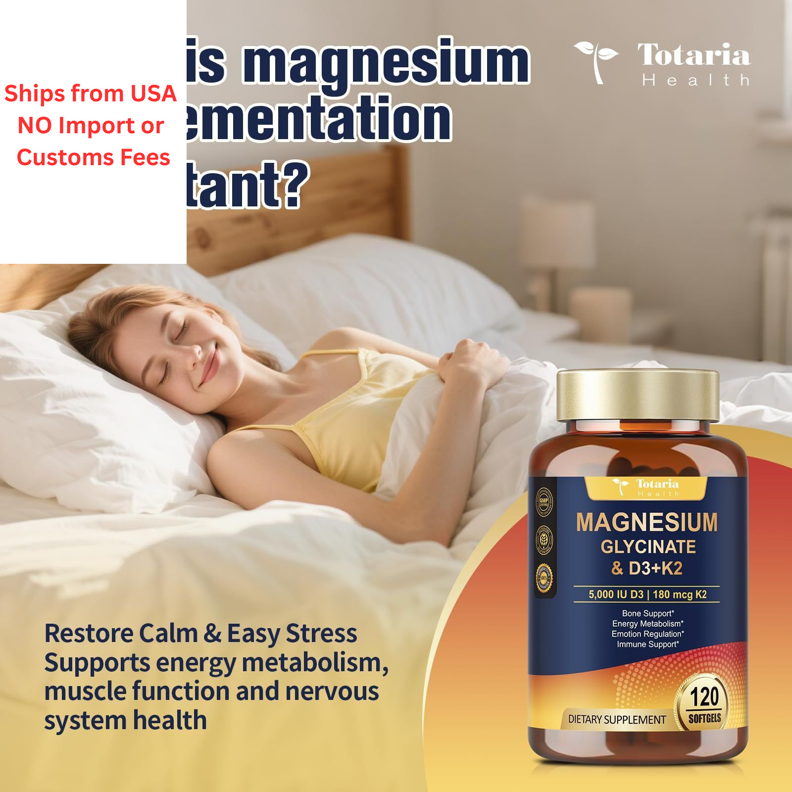 9-in-1 Magnesium Glycinate 500mg + Vitamin D3 5000 IU & 120 Count (Pack of 1)