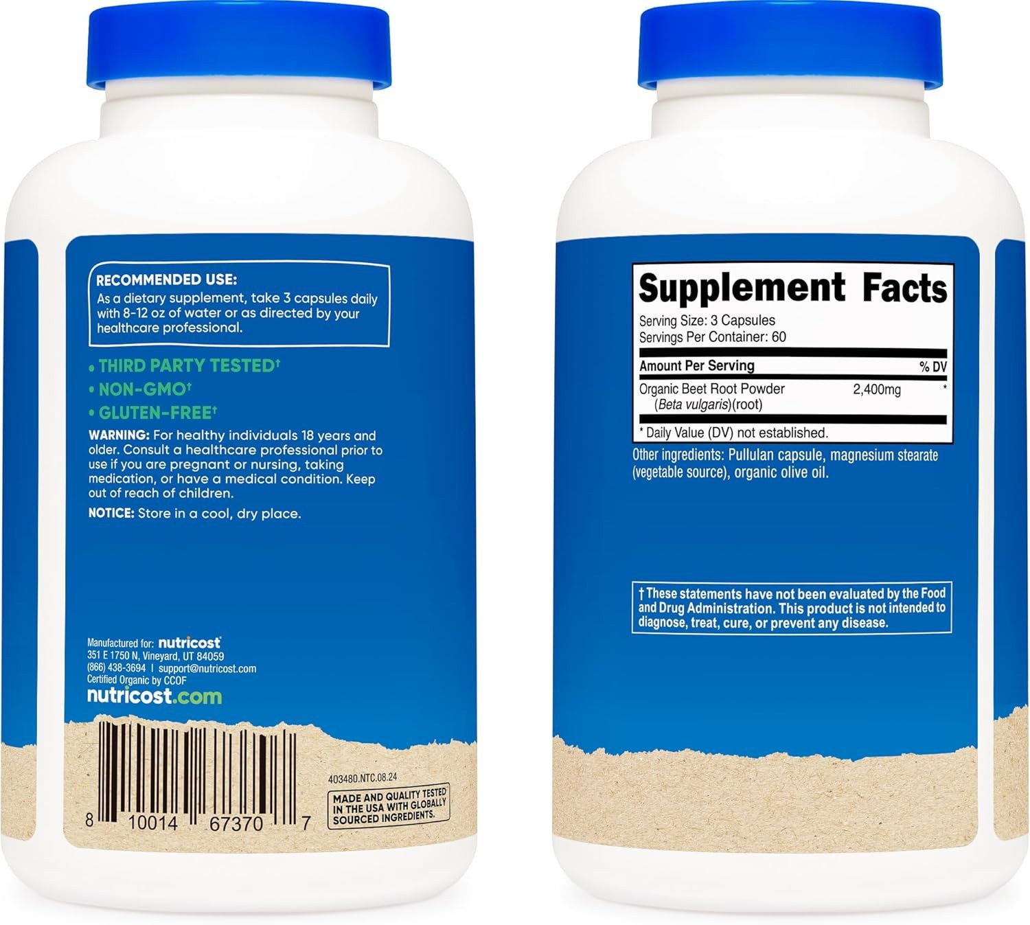 Nutricost Beet Root 2400mg 180 Capsules Organic Free Ship