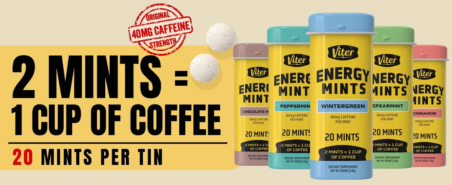 Viter Energy Mints 40mg Caffeine & B Vitamins -Sugar Free Variety Pack -5 Flavor