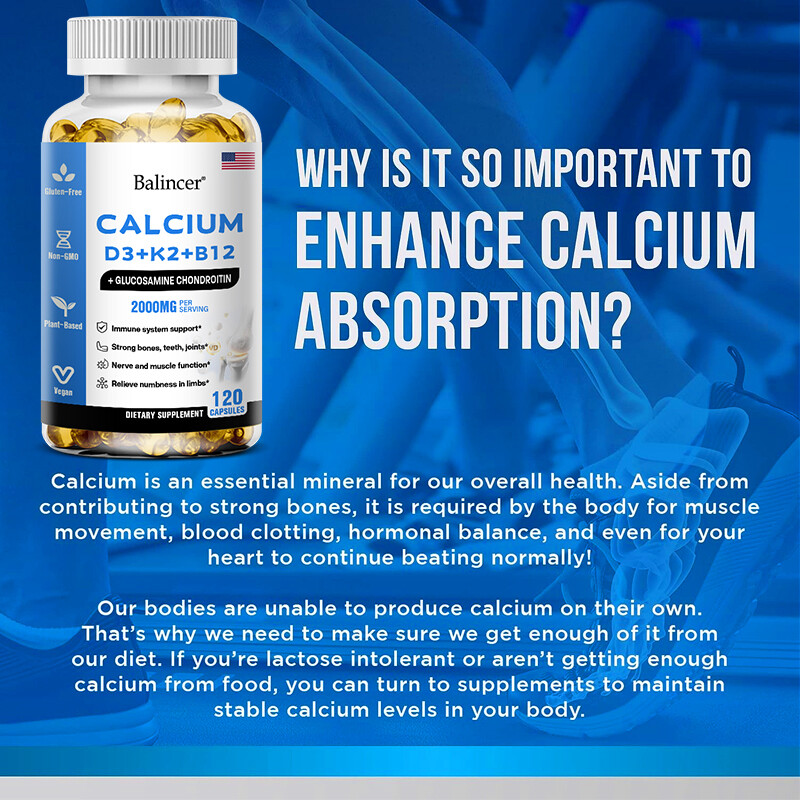 Calcium Capsules w/ D3+K2+B12,Heart & Muscle Support,Nerver & Immune Support