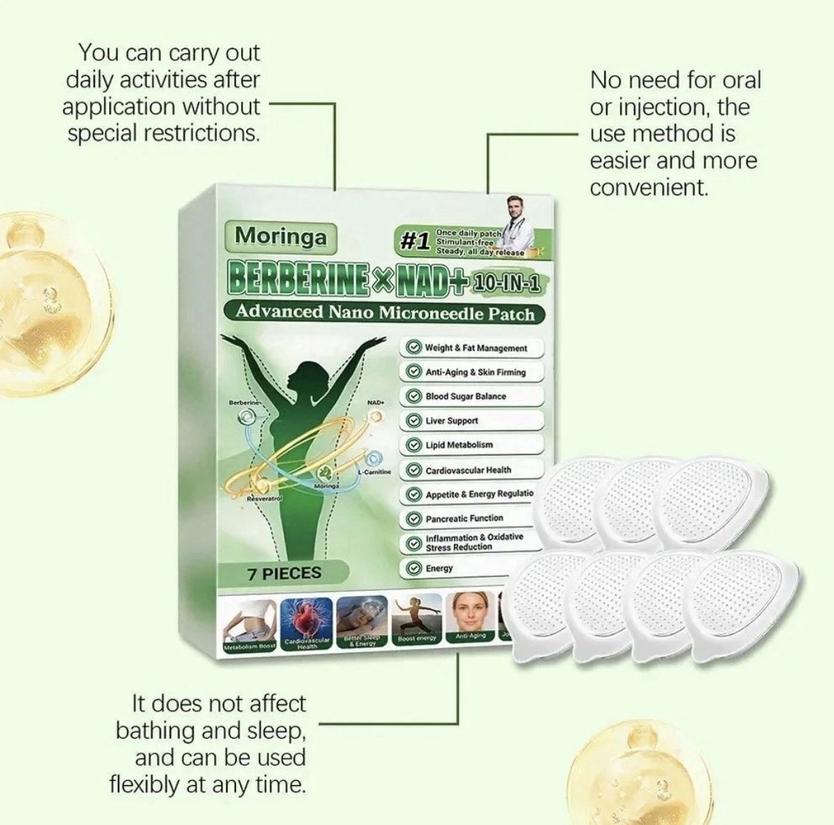 Moringa Berberine NAD+ 10-in-1 Advanced Nano Microneedle Patch 7pc.per box.