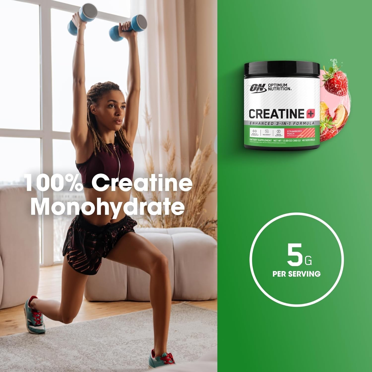 Optimum Nutrition Creatine Monohydrate Plus Powder Strawberry Peach 40 Servings